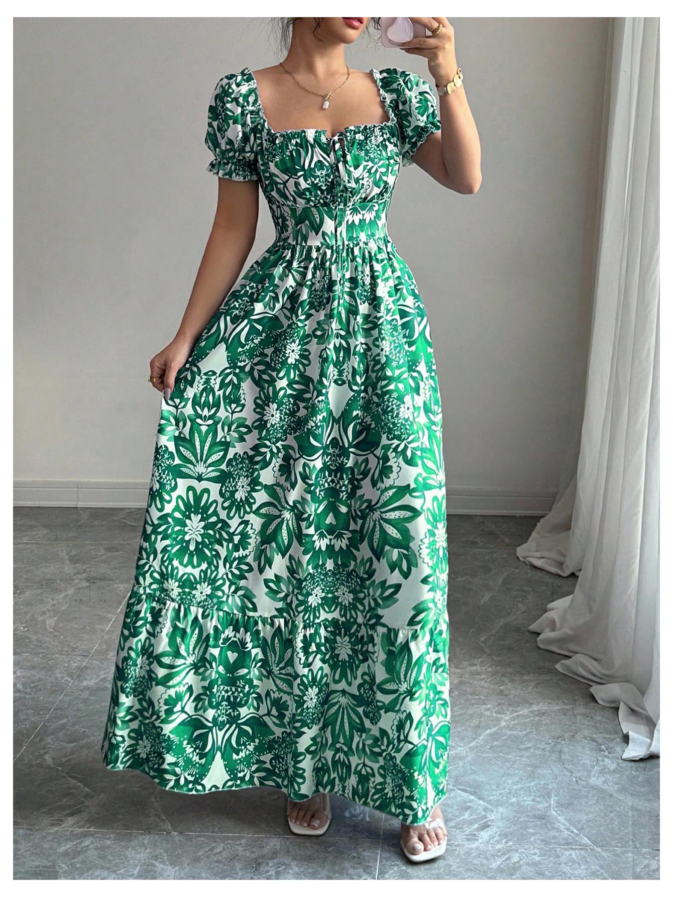 Floerns Women's Floral Short Puff Sleeve Milkmaid Dress Boho A Line Long Dresses