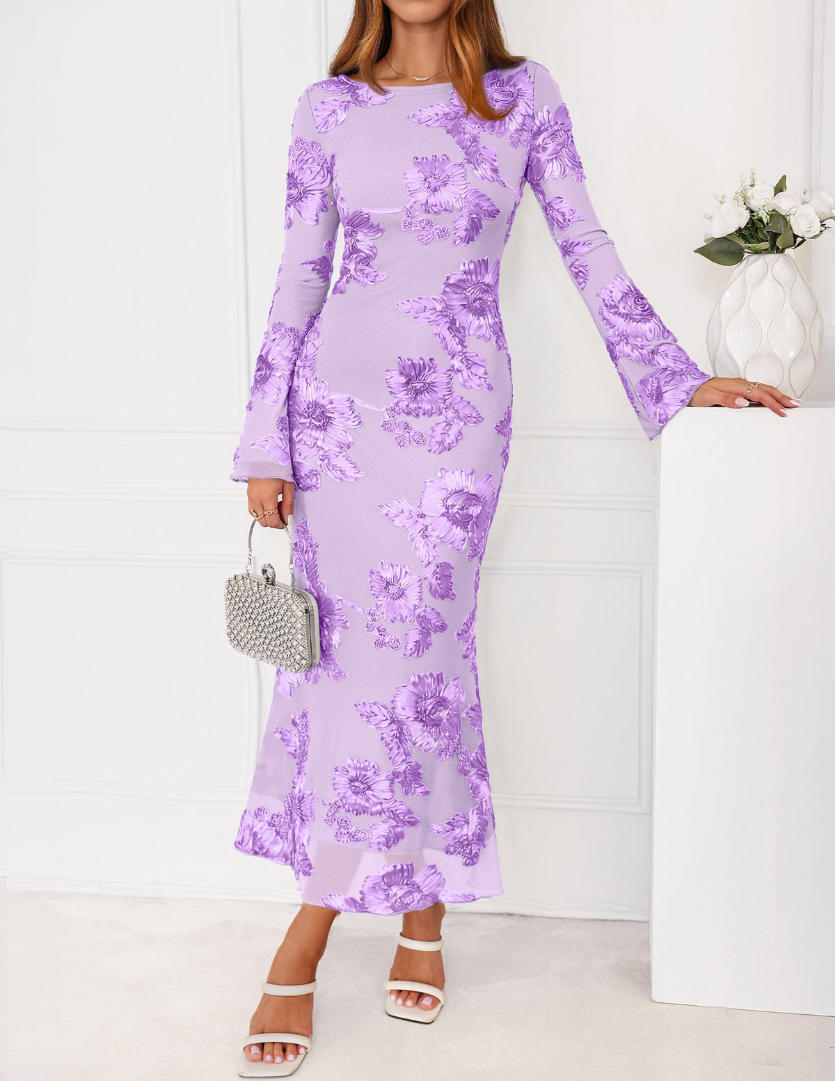 ZESICA Women Fall Long Sleeve Wedding Guest Cocktail Midi Dress