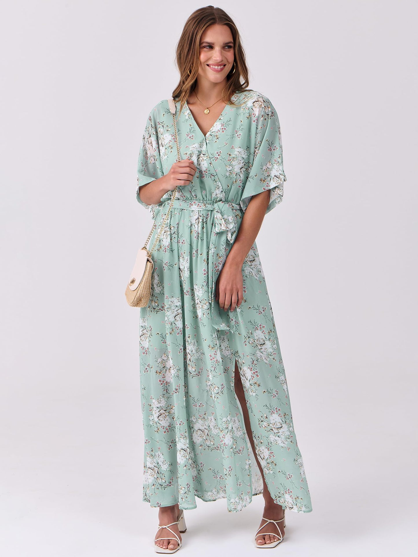 ANRABESS Womens 1/2 Sleeve Beach Wedding Guest Maxi Dresses 2026 Summer Wrap V Neck Boho Floral Flowy Slit Long Dresses