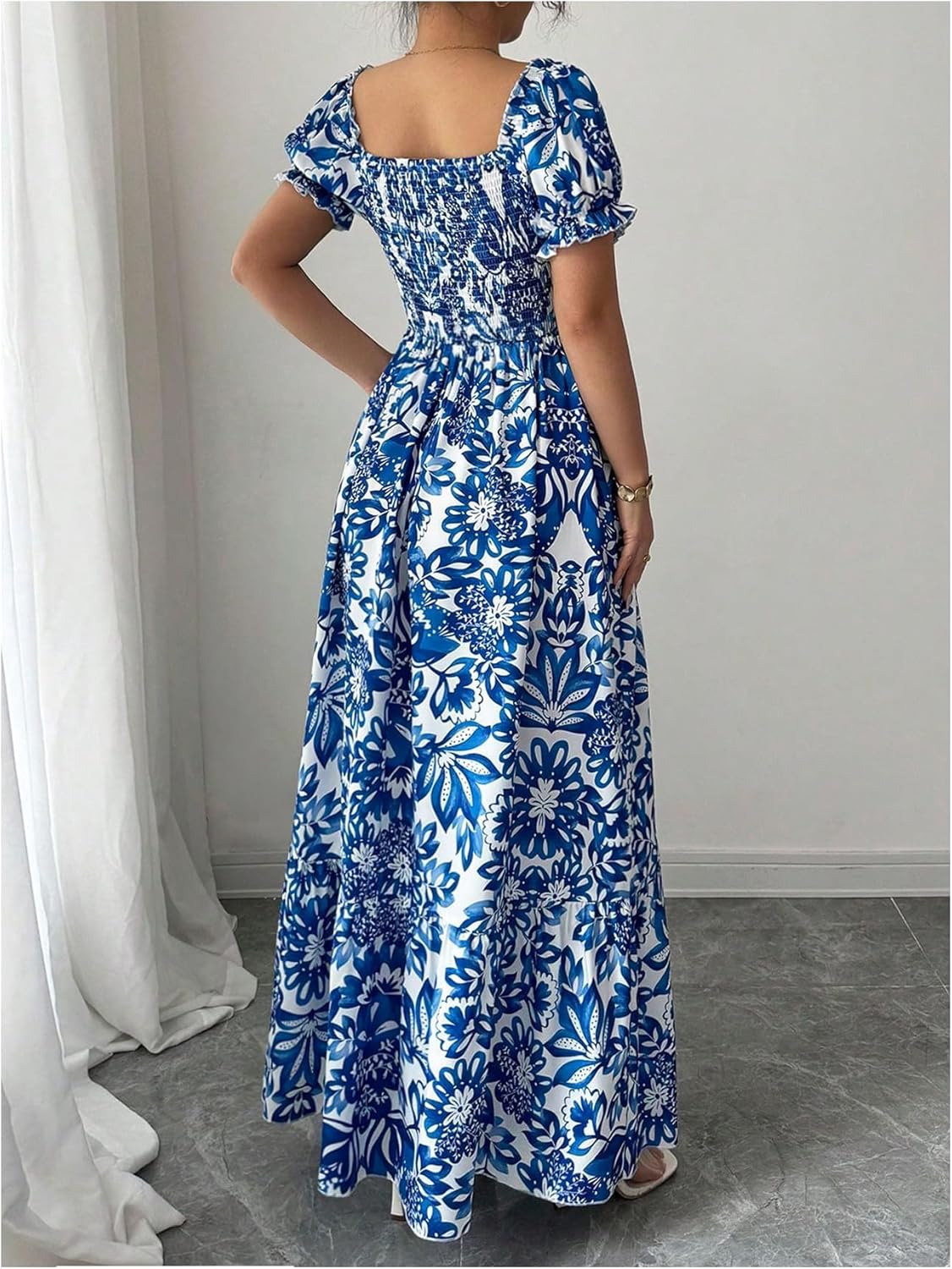 Floerns Women's Floral Short Puff Sleeve Milkmaid Dress Boho A Line Long Dresses
