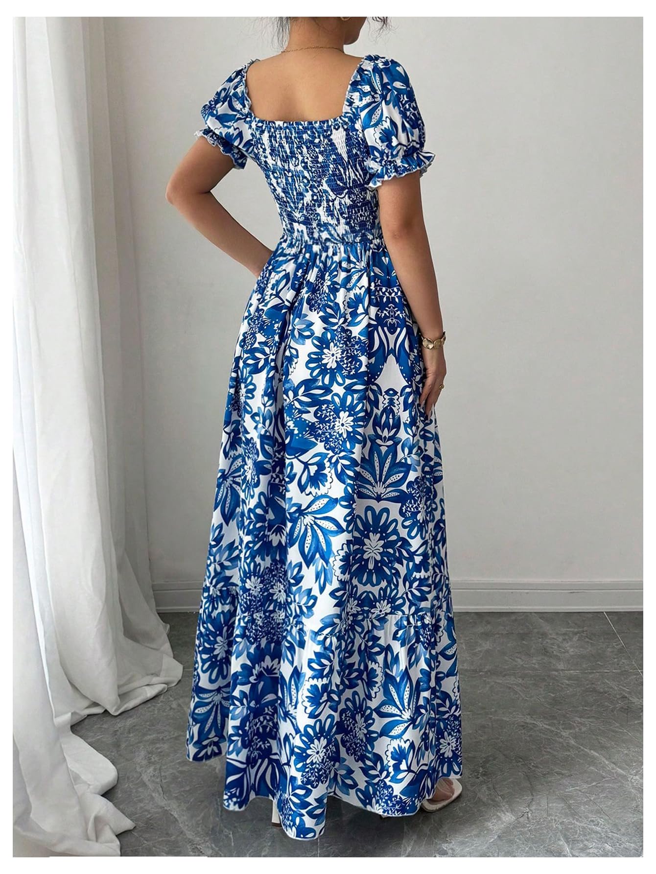 Floerns Women's Floral Short Puff Sleeve Milkmaid Dress Boho A Line Long Dresses