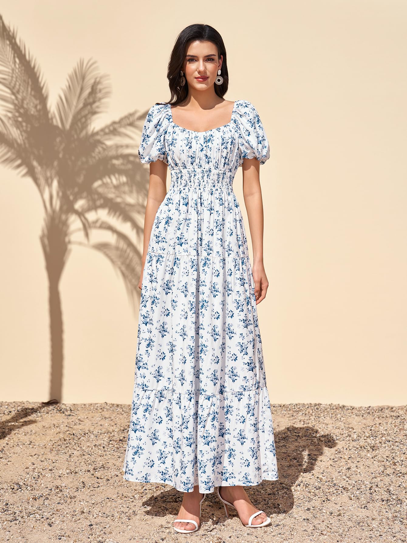 Women Puff Sleeve Wedding Guest Maxi Dress Floral Flowy A Line Tiered Beach Long Dresses