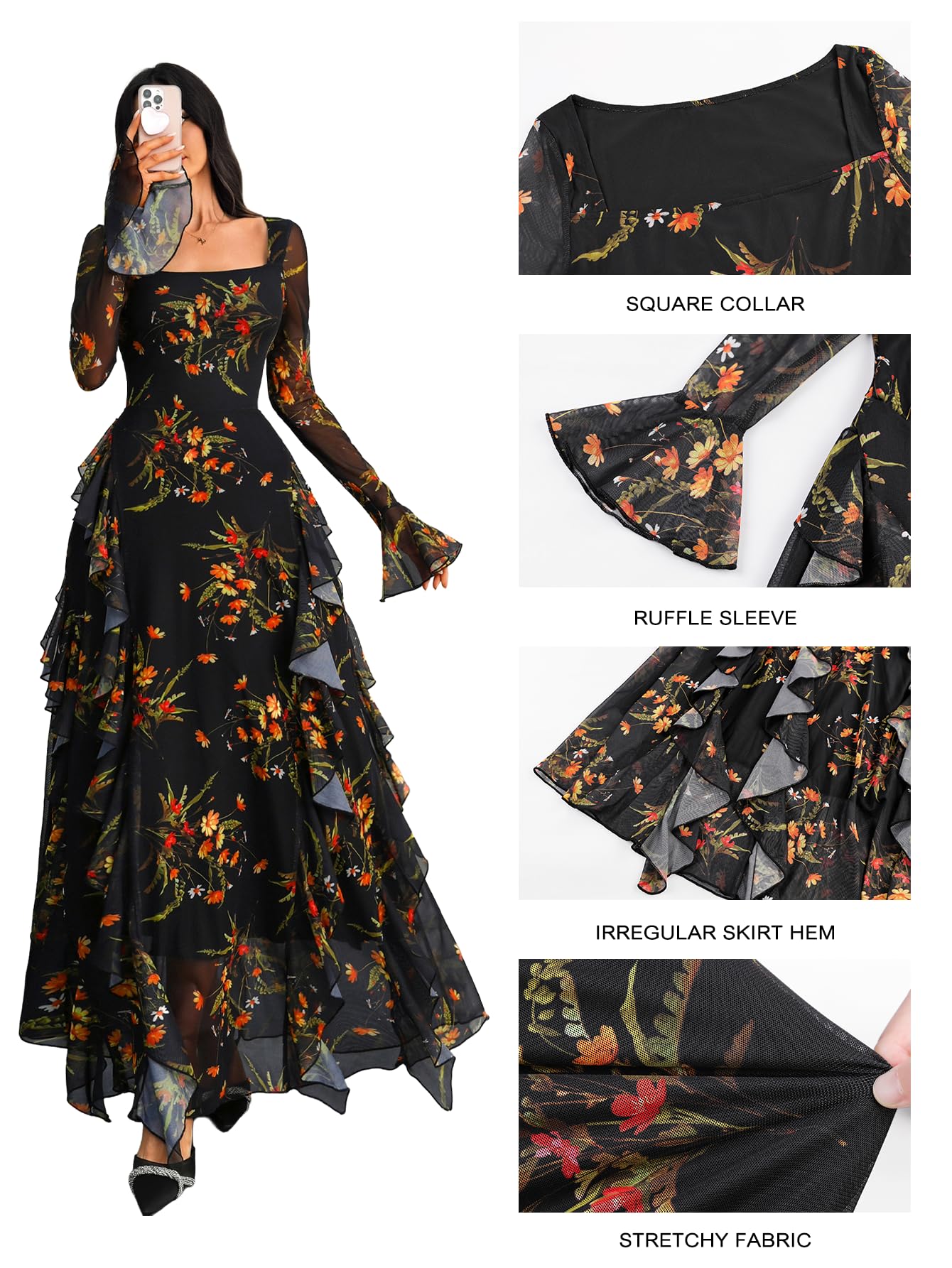 GothDark Women's Floral Dress Mesh Sheer Long Sleeve Square Neck Ruffle Layered Elegant Date Night Holiday Party Outfit