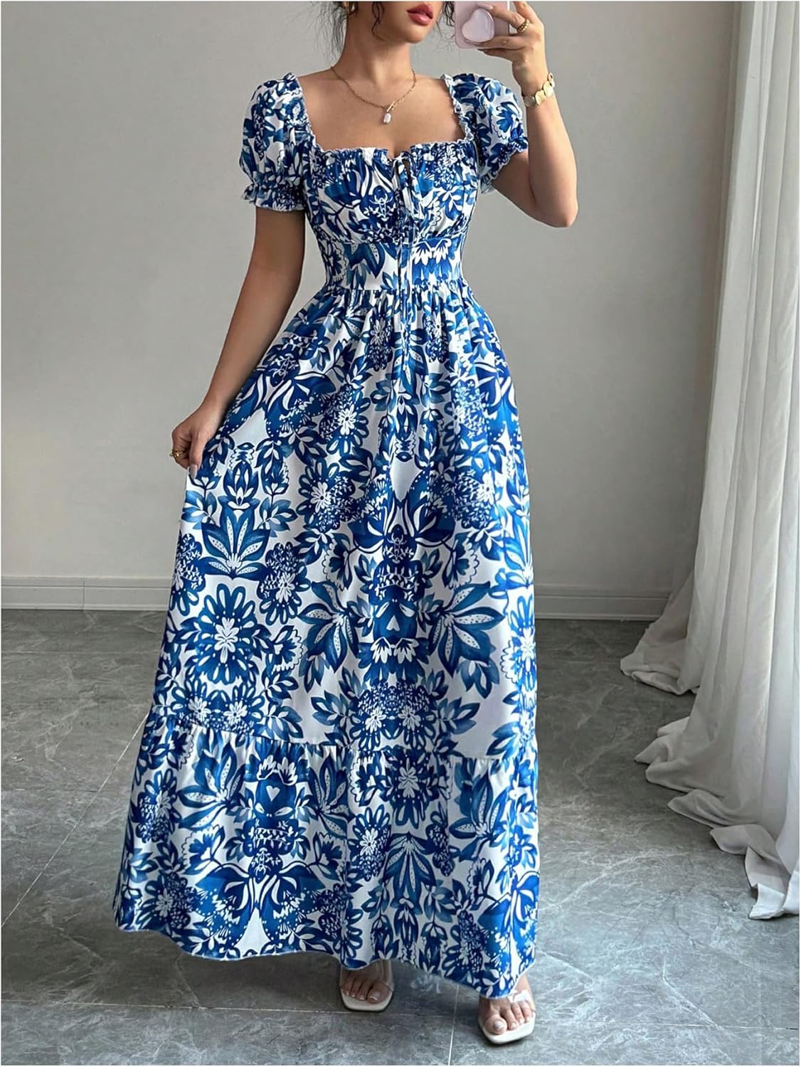 Floerns Women's Floral Short Puff Sleeve Milkmaid Dress Boho A Line Long Dresses