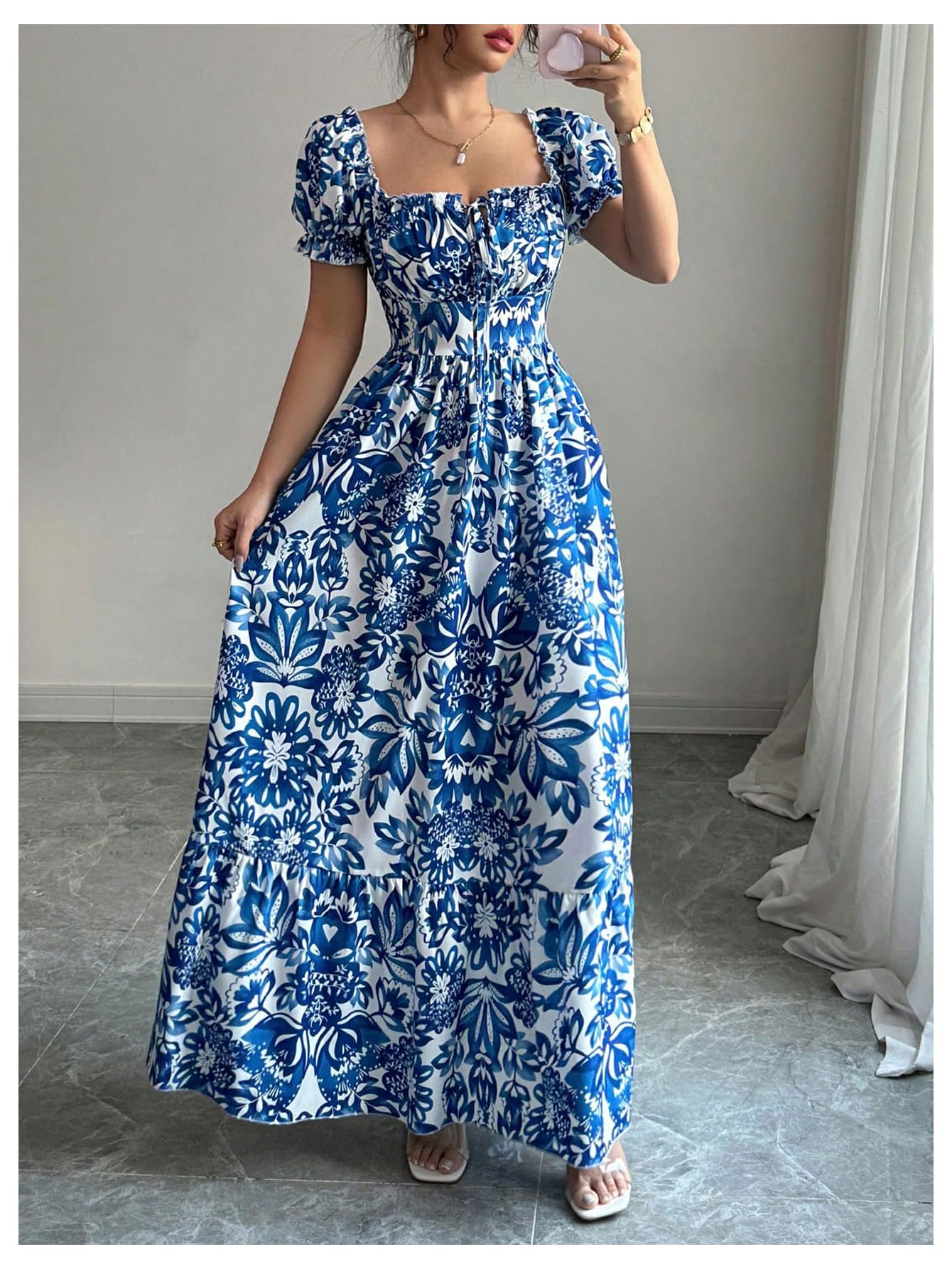 Floerns Women's Floral Short Puff Sleeve Milkmaid Dress Boho A Line Long Dresses