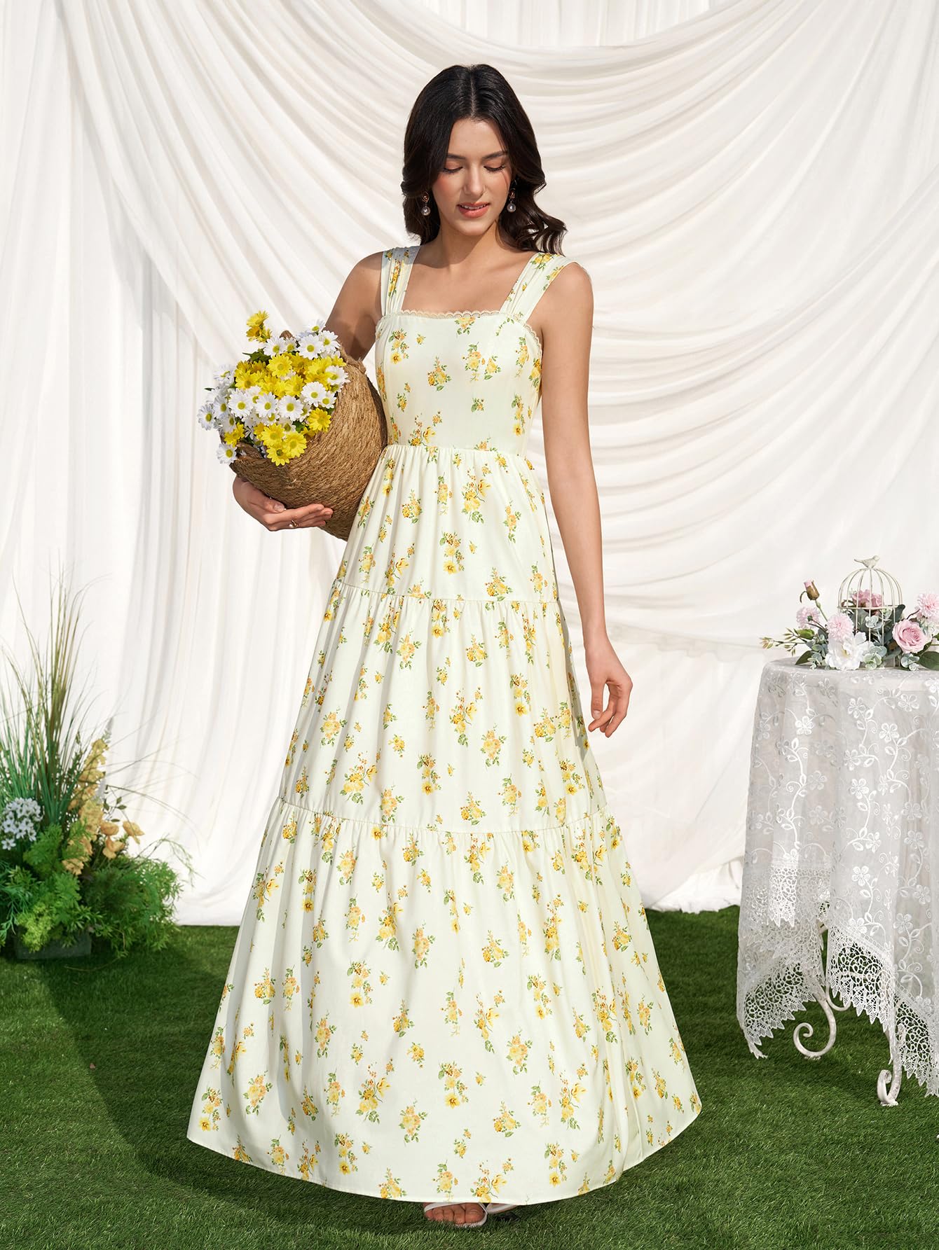 KUTUMAI Floral Maxi Long Dress Lace Up Square Neck Flowy Summer Wedding Guest Dresses for Women 2026