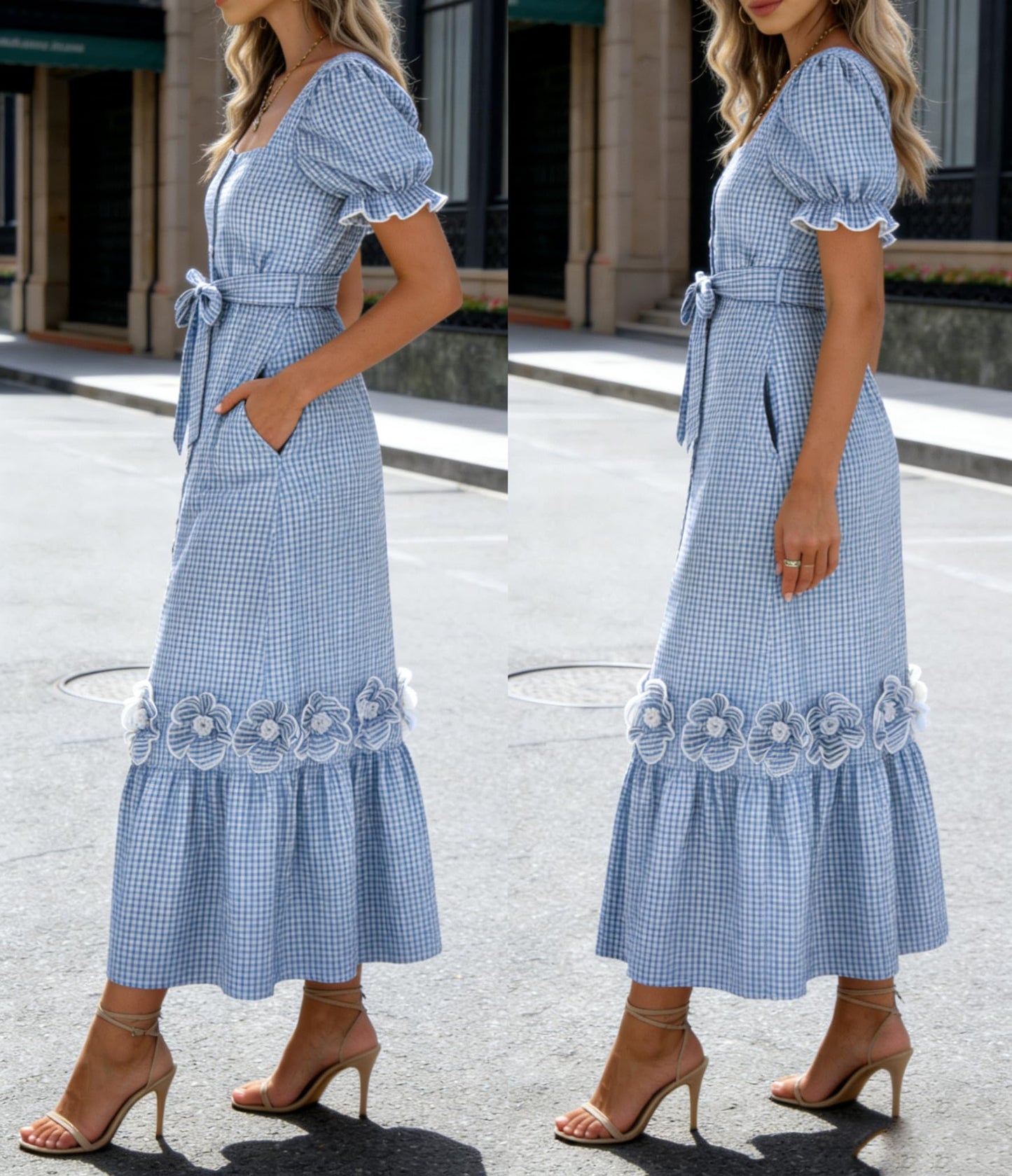 utcoco Dresses for Women Puff Short Sleeve Button Down 3D Flower Ruffle Plaid Maxi Shirt Dress