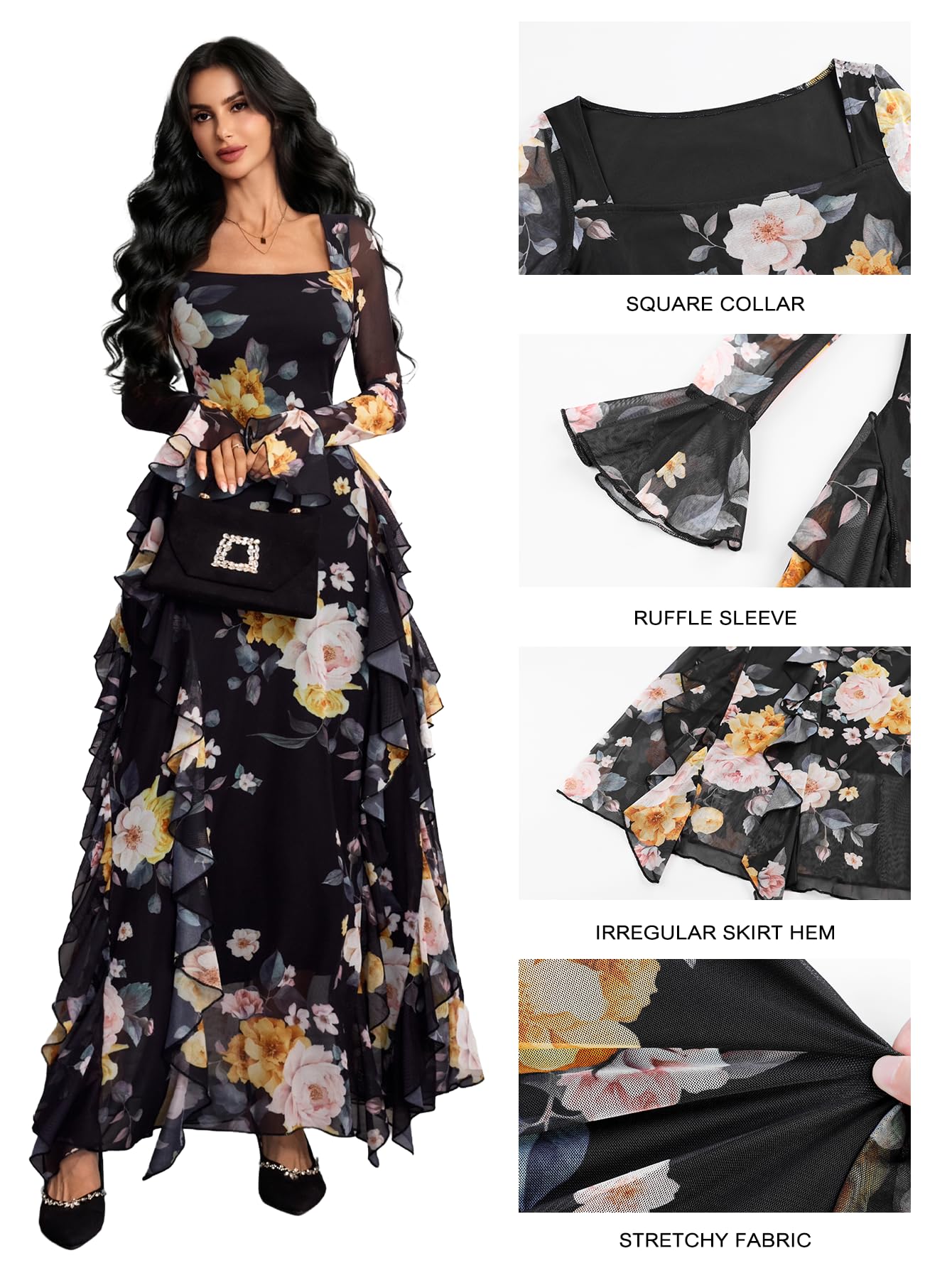 GothDark Women's Floral Dress Mesh Sheer Long Sleeve Square Neck Ruffle Layered Elegant Date Night Holiday Party Outfit