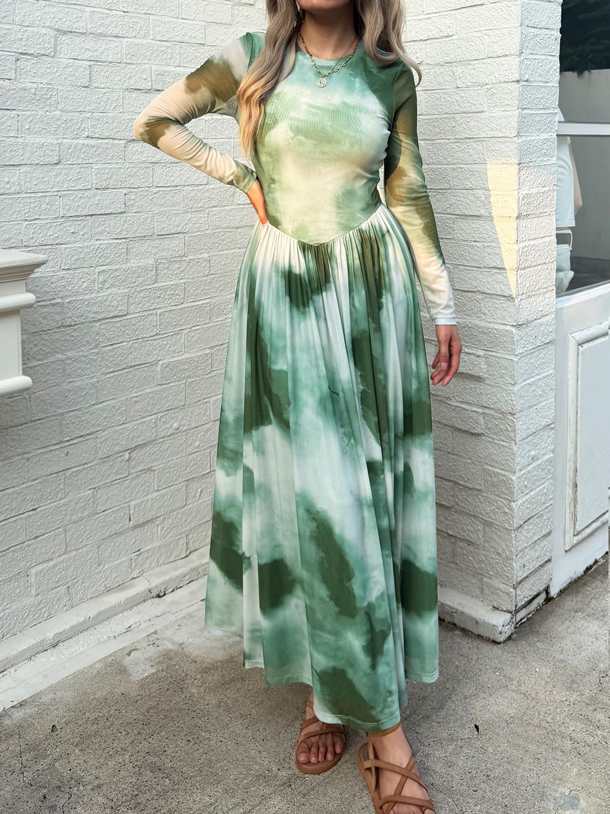 Women's Maxi Dress 2026 Spring Long Sleeve Crewneck Mesh Floral Dress Drop Waist Party Wedding Guest Dresses