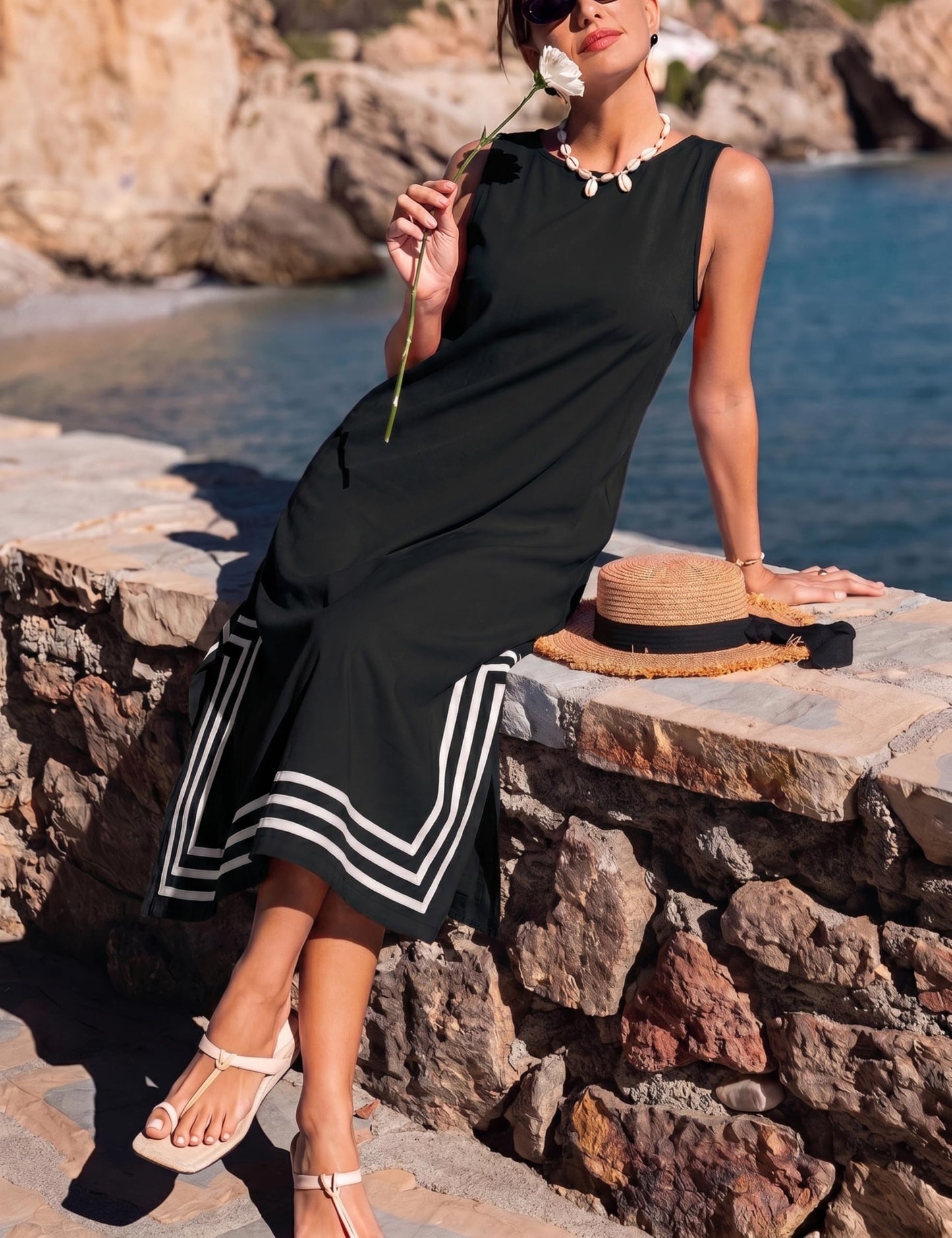 Womens Boho Linen Maxi Dress Sleeveless Split Sundress Color Block A-Line Coverups Beach Vacation Dress with Pockets