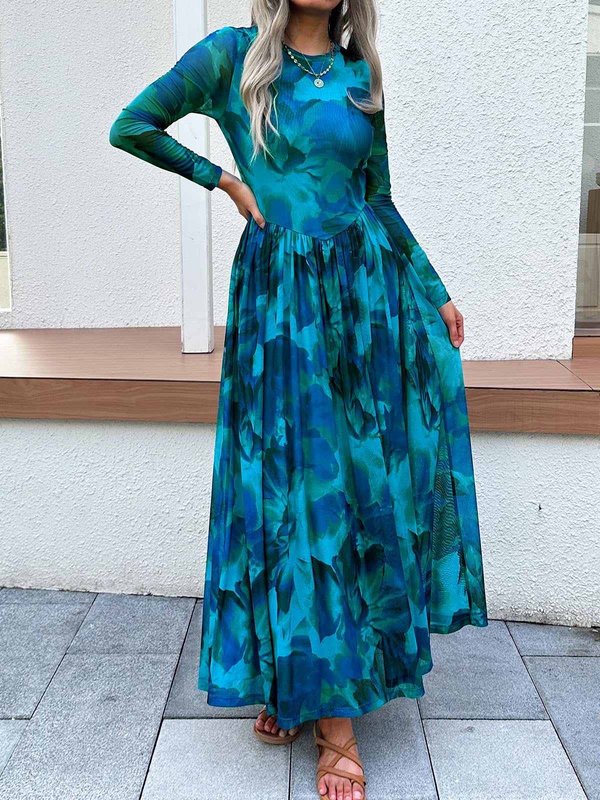 Women's Maxi Dress 2026 Spring Long Sleeve Crewneck Mesh Floral Dress Drop Waist Party Wedding Guest Dresses