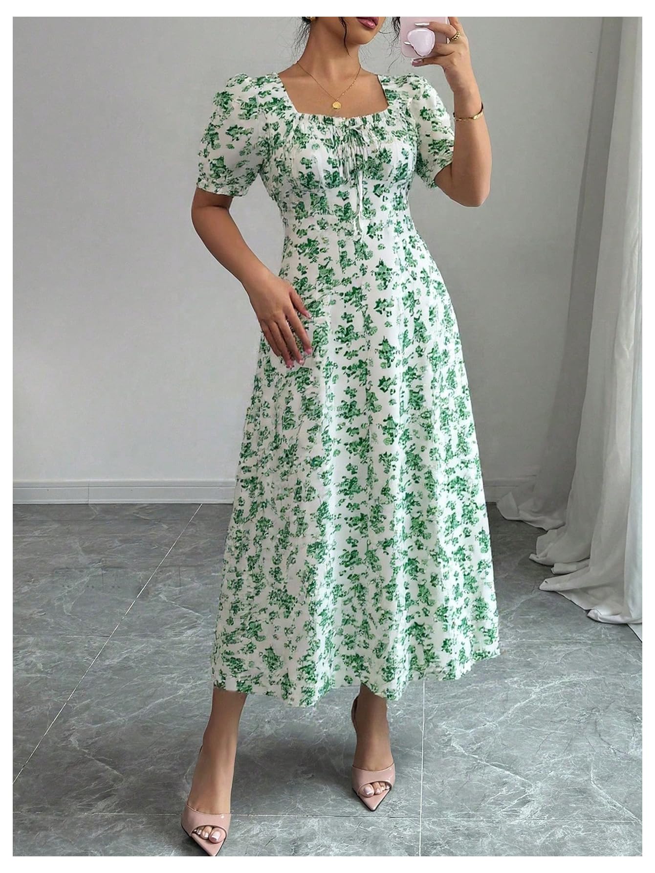 Floerns Women's Floral Short Puff Sleeve Milkmaid Dress Boho A Line Long Dresses
