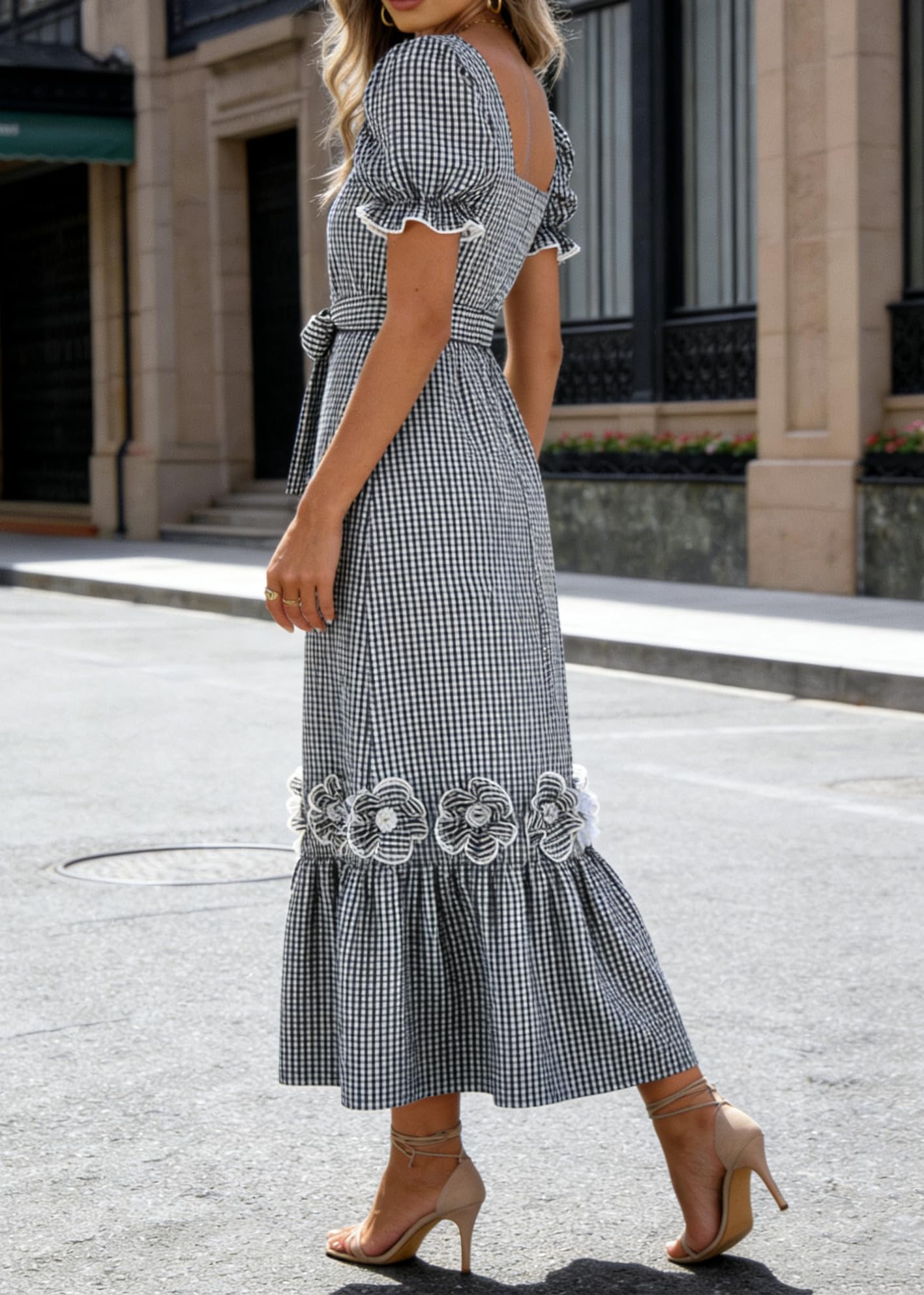 utcoco Dresses for Women Puff Short Sleeve Button Down 3D Flower Ruffle Plaid Maxi Shirt Dress