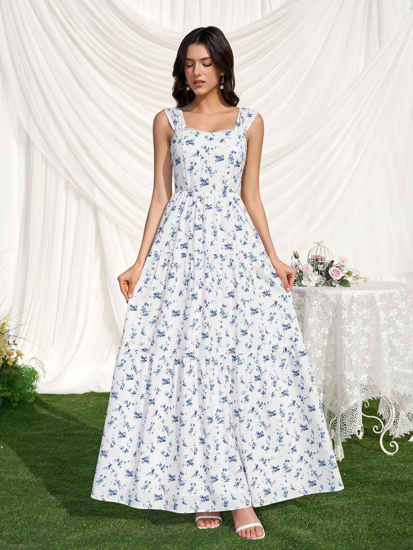 KUTUMAI Floral Maxi Long Dress Lace Up Square Neck Flowy Summer Wedding Guest Dresses for Women 2026