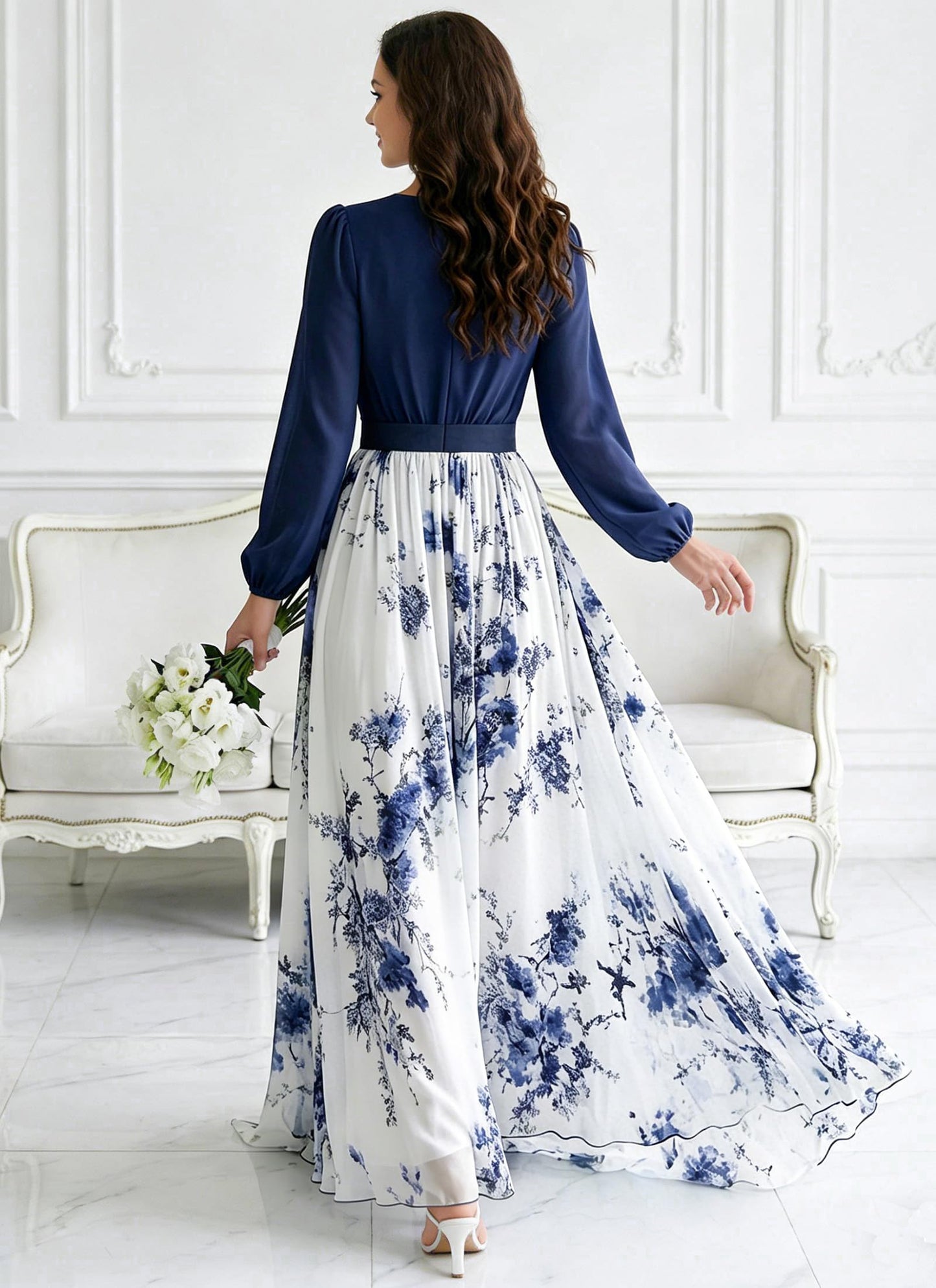 Women's Boho Floral Chiffon Maxi Dresses 2026 Summer Casual Long Sheer Sleeve Deep V Neck A-Line Beach Vacation Dress