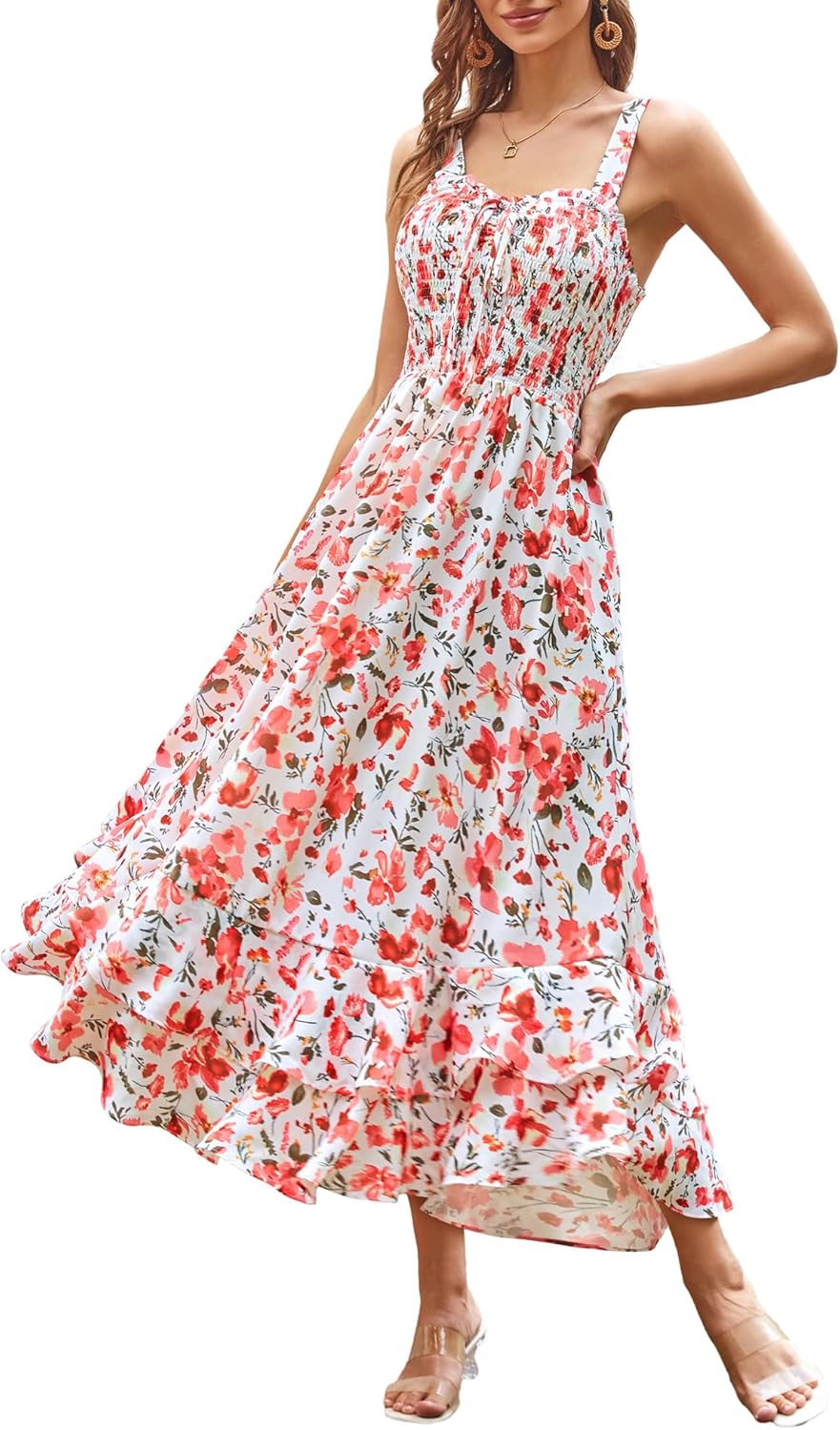 GRACE KARIN Women's 2026 Summer Floral Boho Dress Square Neck Strapped Swing A Line Sundress Beach Long Maxi Outfits