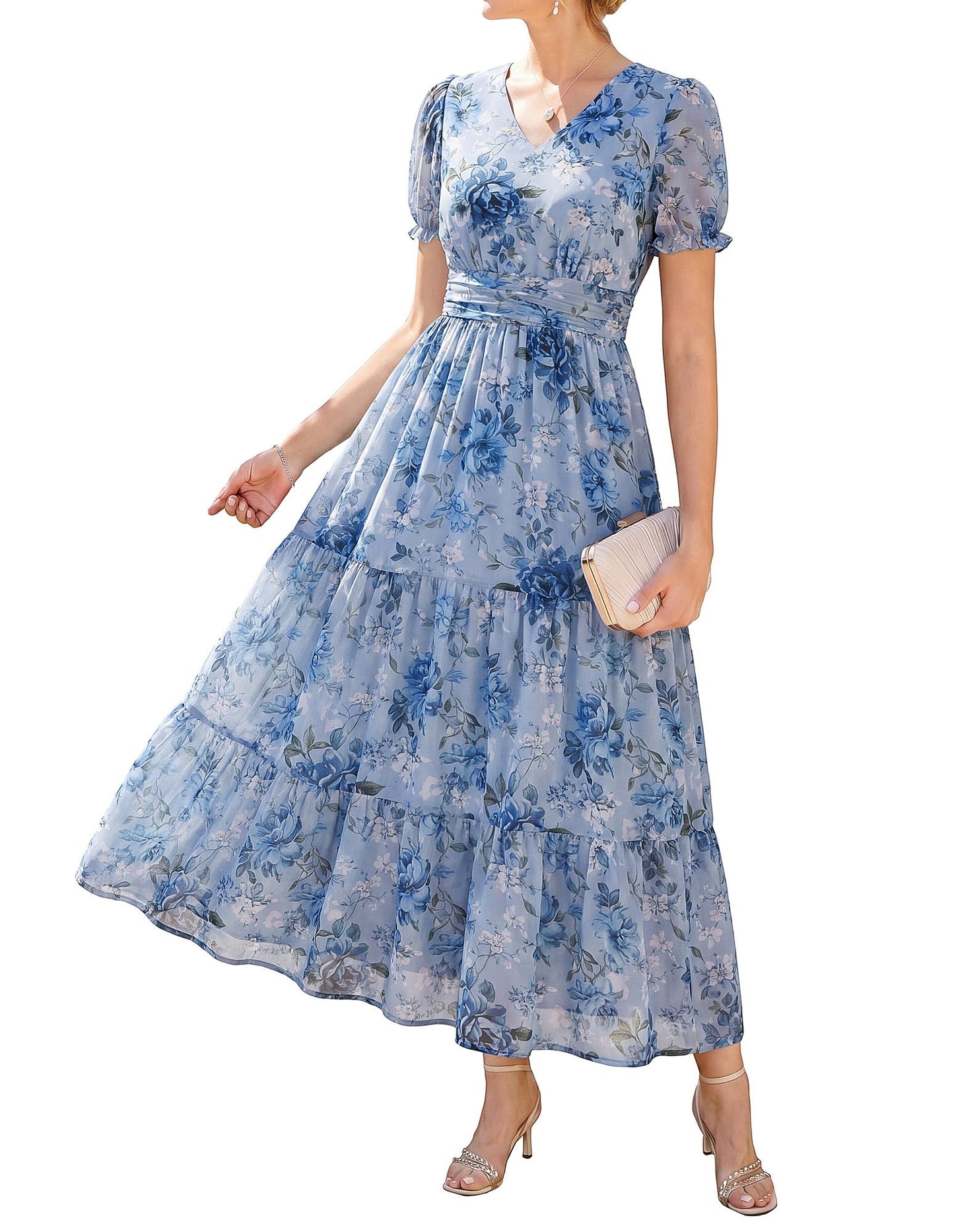 GRACE KARIN Women's 2026 Summer Wedding Guest Maxi Dresses Floral V Neck Short Sleeve Elegant Flowy Formal Dress with Pockets