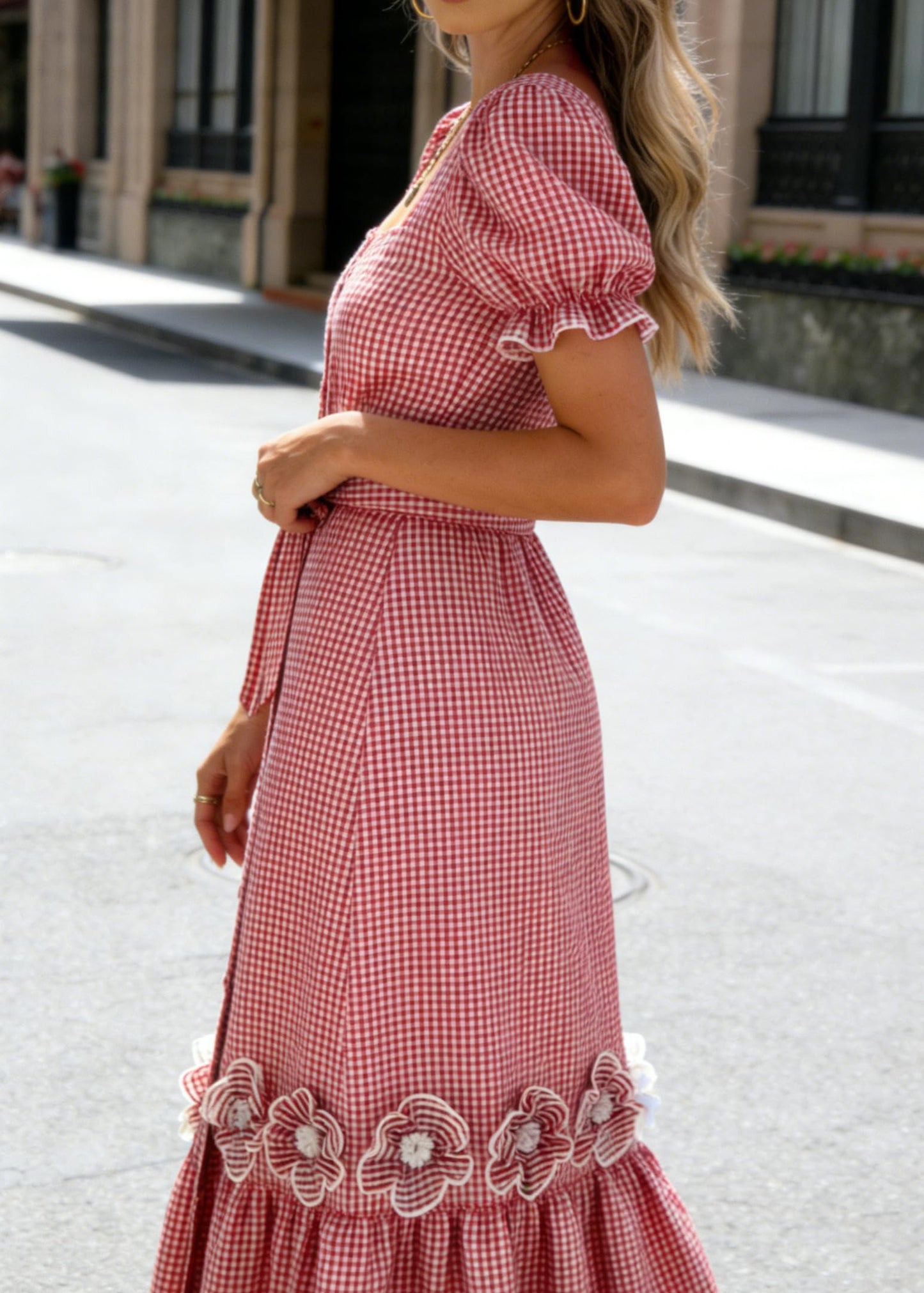 utcoco Dresses for Women Puff Short Sleeve Button Down 3D Flower Ruffle Plaid Maxi Shirt Dress