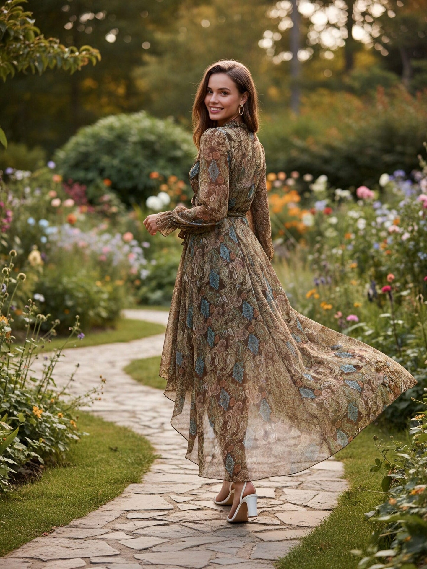 Women's Bohemian Floral Print Tie-Waist Wrap Midi Dress - Long Sleeve V-Neck Asymmetrical Hem Flowy Chiffon Dress