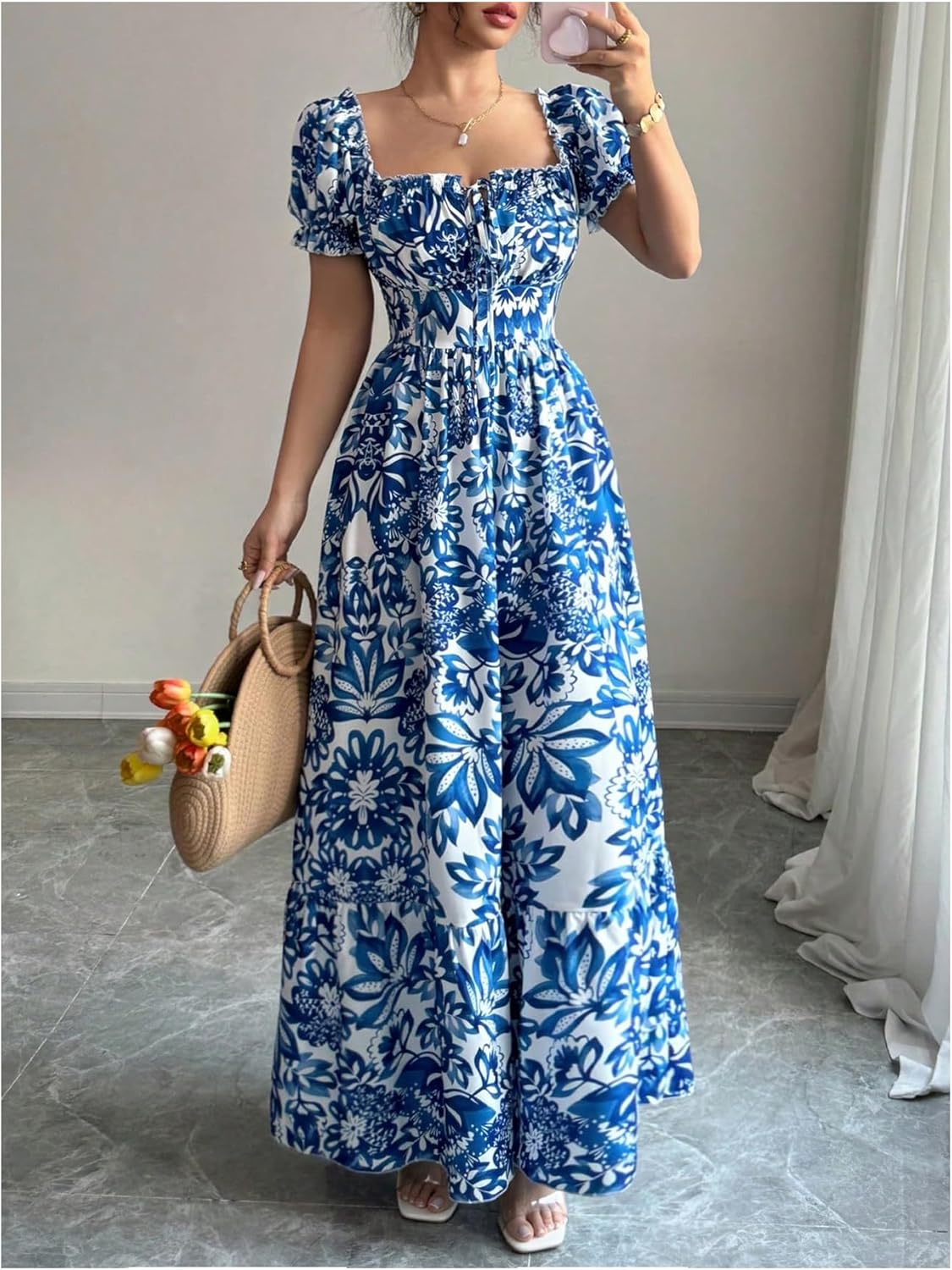 Floerns Women's Floral Short Puff Sleeve Milkmaid Dress Boho A Line Long Dresses