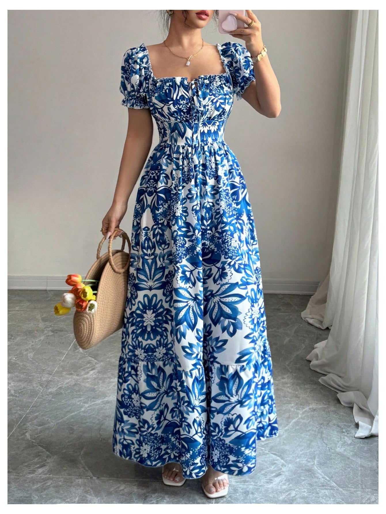 Floerns Women's Floral Short Puff Sleeve Milkmaid Dress Boho A Line Long Dresses