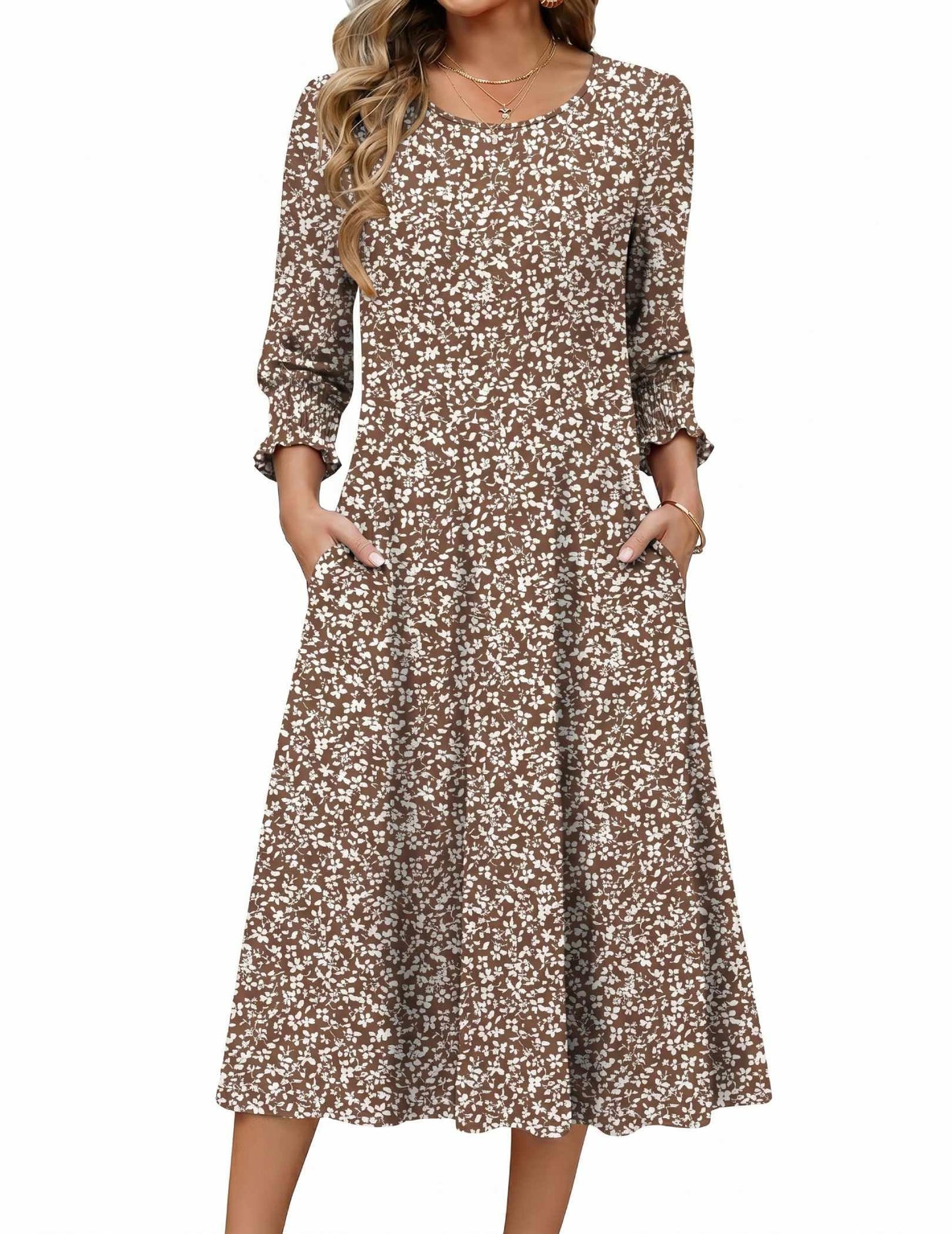 Zeagoo Summer Dresses for Women 2026 3/4 Sleeve Dress for Women Floral Midi Dresses for Casual Womens Dresses with Pockets