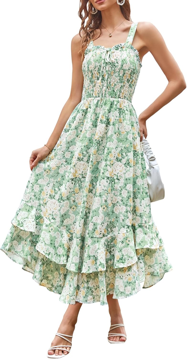 GRACE KARIN Women's 2026 Summer Floral Boho Dress Square Neck Strapped Swing A Line Sundress Beach Long Maxi Outfits