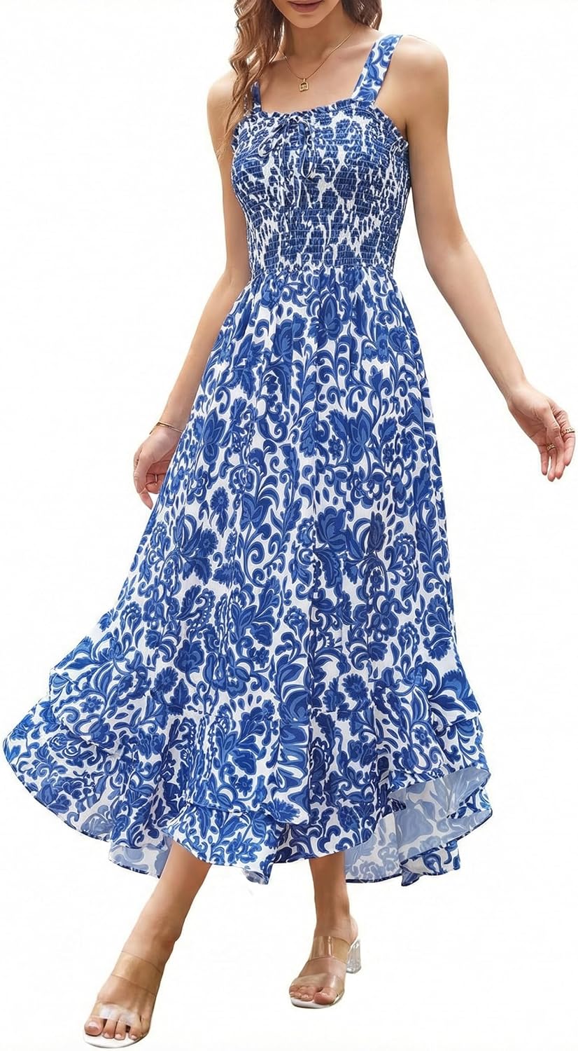 GRACE KARIN Women's 2026 Summer Floral Boho Dress Square Neck Strapped Swing A Line Sundress Beach Long Maxi Outfits