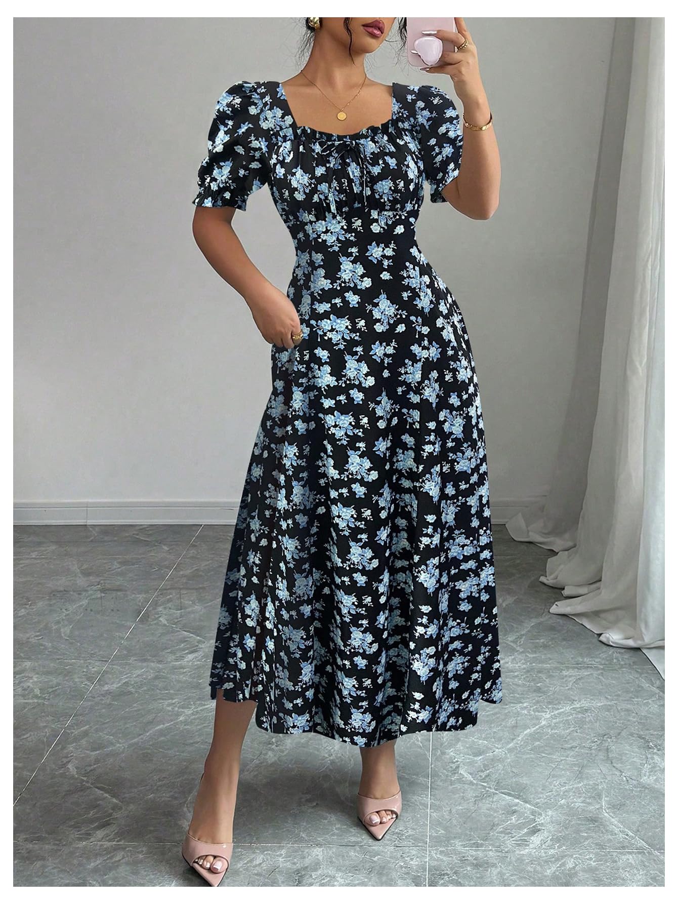 Floerns Women's Floral Short Puff Sleeve Milkmaid Dress Boho A Line Long Dresses