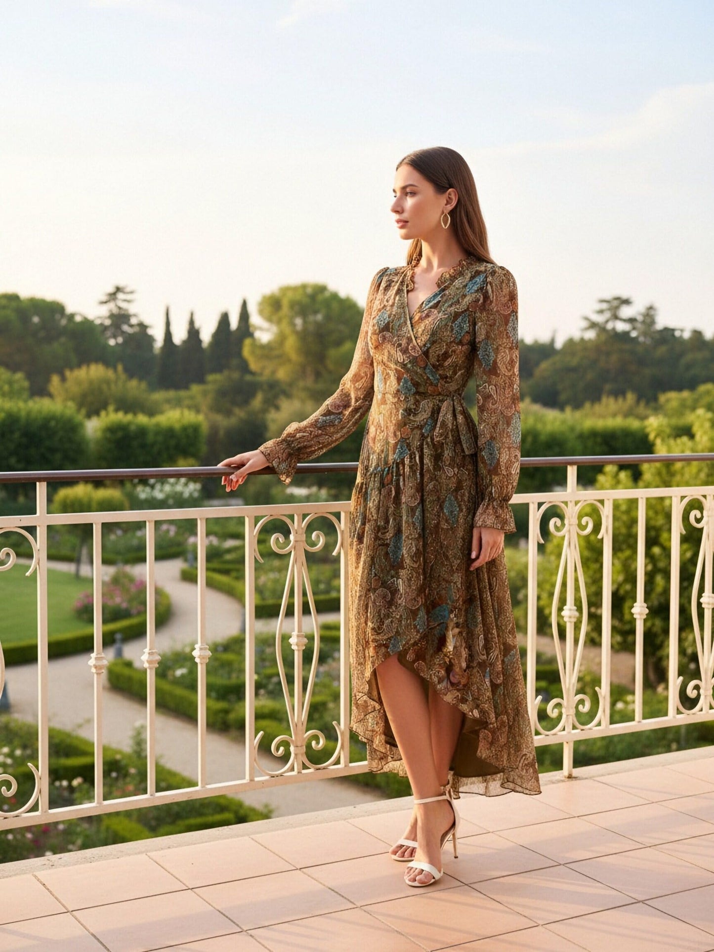 Women's Bohemian Floral Print Tie-Waist Wrap Midi Dress - Long Sleeve V-Neck Asymmetrical Hem Flowy Chiffon Dress