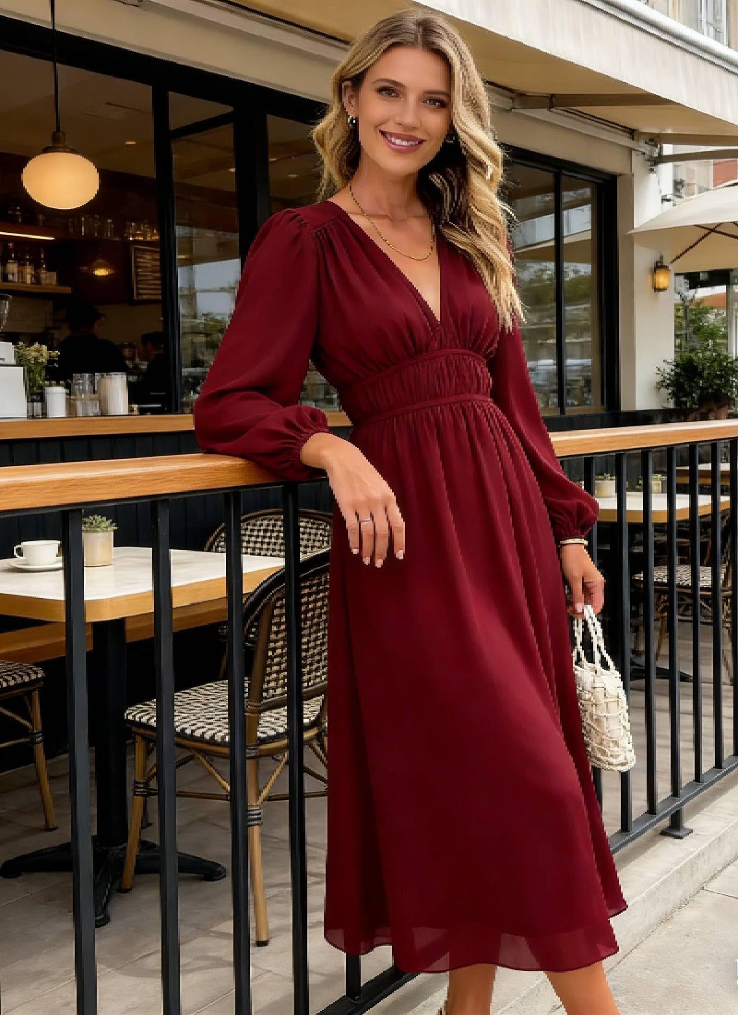 LOZ Womens Long Sleeve Dresses 2026 Summer V-Neck Multicolor Floral Dresses | V-Neck, Puff Sleeve, Chiffon Dresses, Long Dresses, Elegant Wedding Guest, Maxi Dress, Cocktail Dress, Spring Maxi Dress