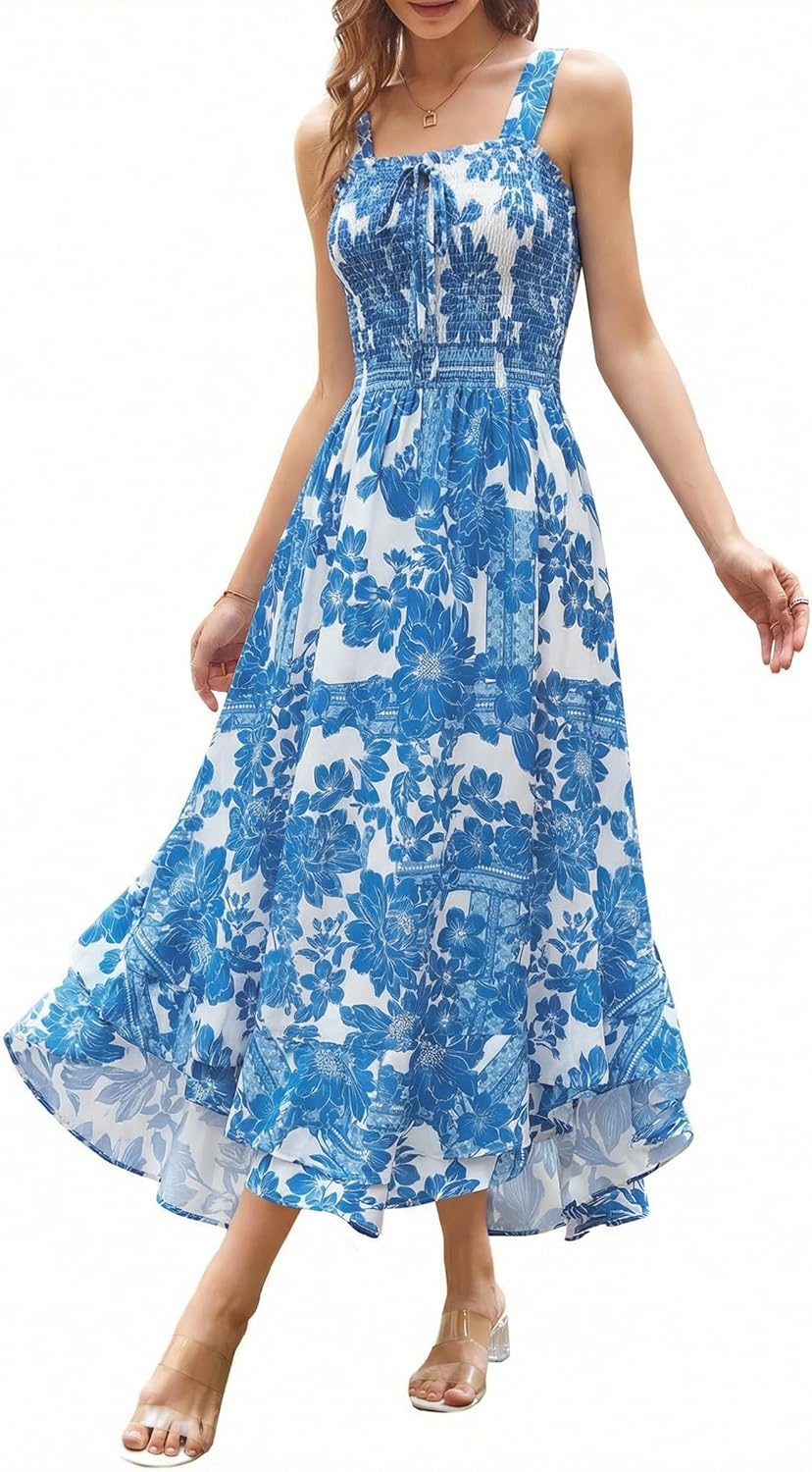 GRACE KARIN Women's 2026 Summer Floral Boho Dress Square Neck Strapped Swing A Line Sundress Beach Long Maxi Outfits