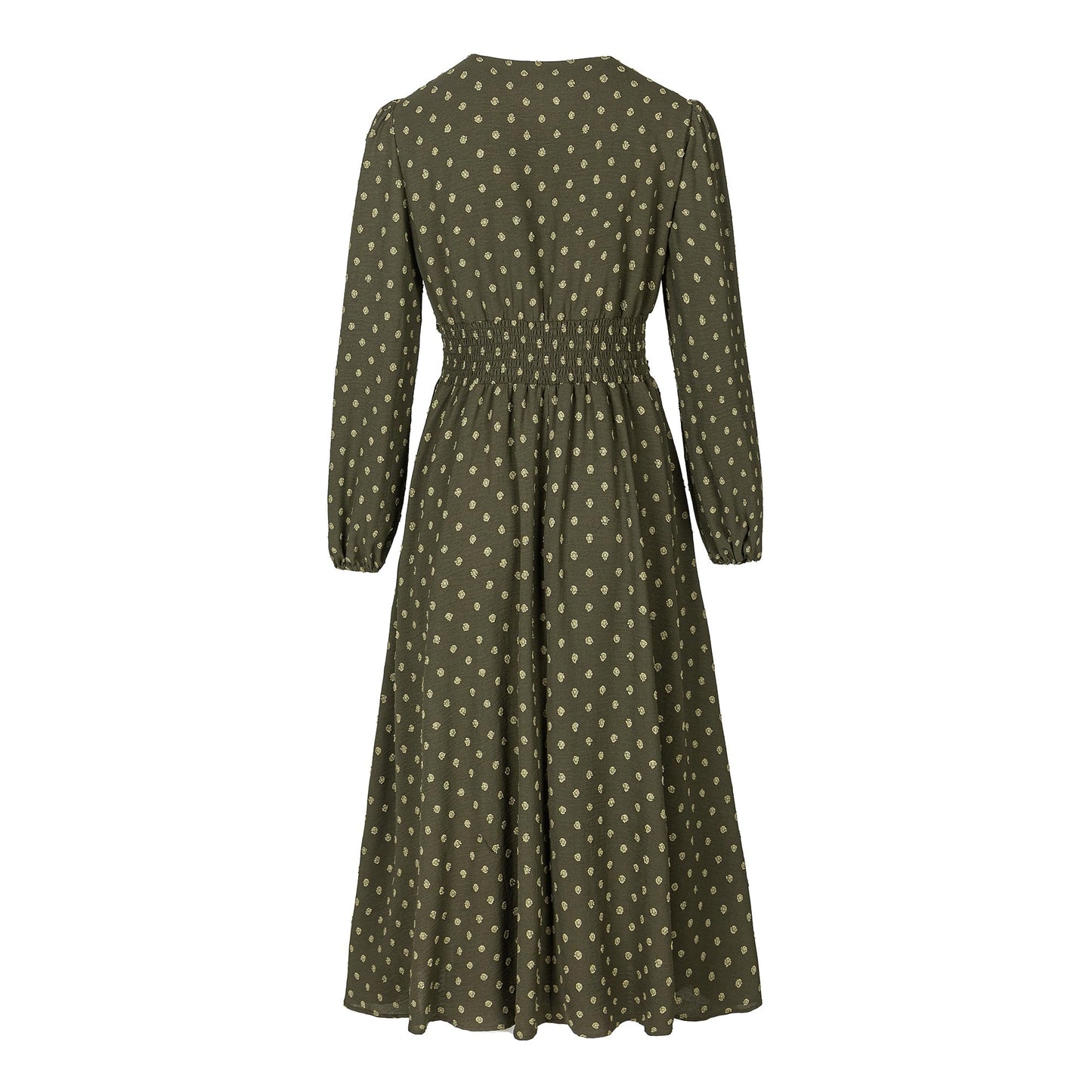 Women's Swiss Dot Long Sleeve V Neck Midi Dress, Faux Wrap A-Line Wedding Guest Dress, Fully Lined Smocked Back