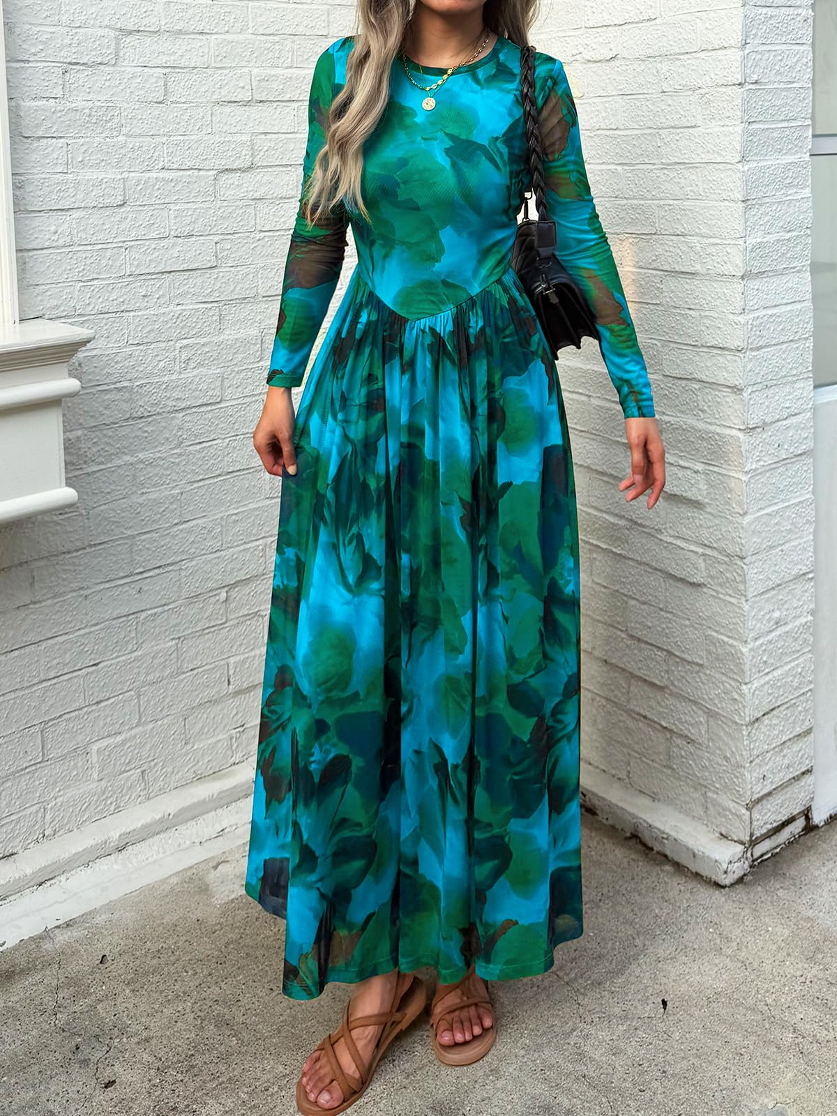 Women's Maxi Dress 2026 Spring Long Sleeve Crewneck Mesh Floral Dress Drop Waist Party Wedding Guest Dresses