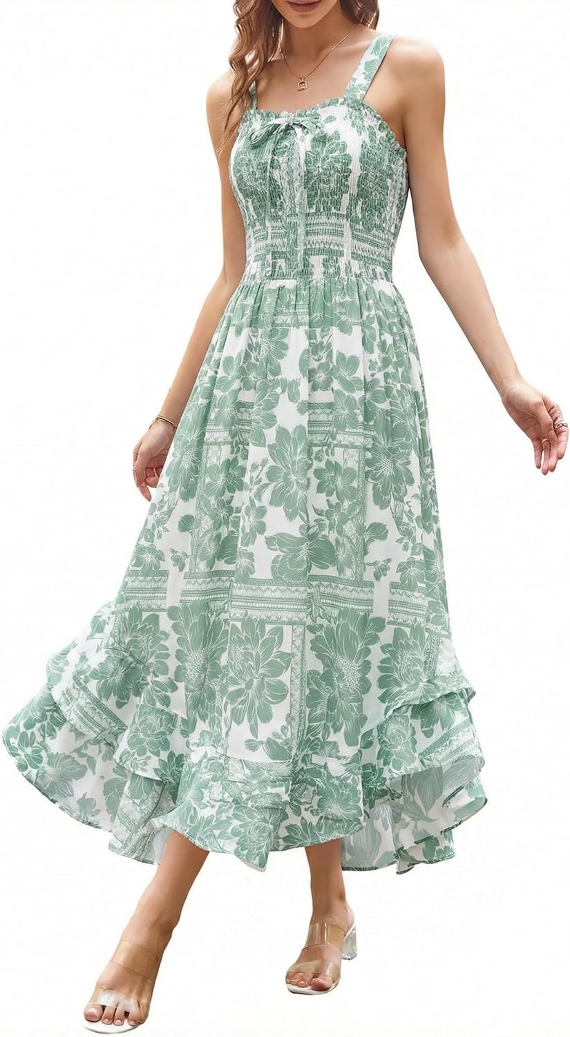 GRACE KARIN Women's 2026 Summer Floral Boho Dress Square Neck Strapped Swing A Line Sundress Beach Long Maxi Outfits