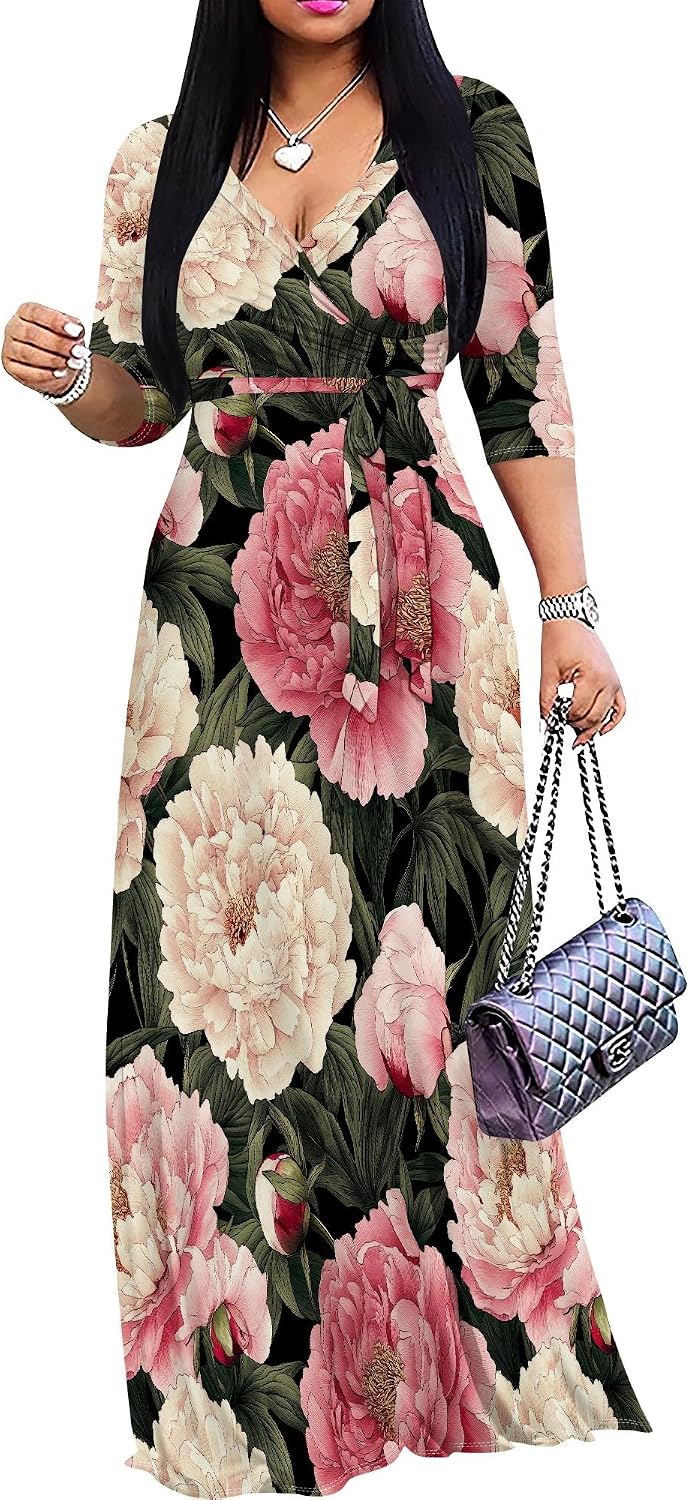SUZONANA Plus Size Dresses for Women Floral Print Maxi Dress Flowy 3/4 Sleeve with Belt