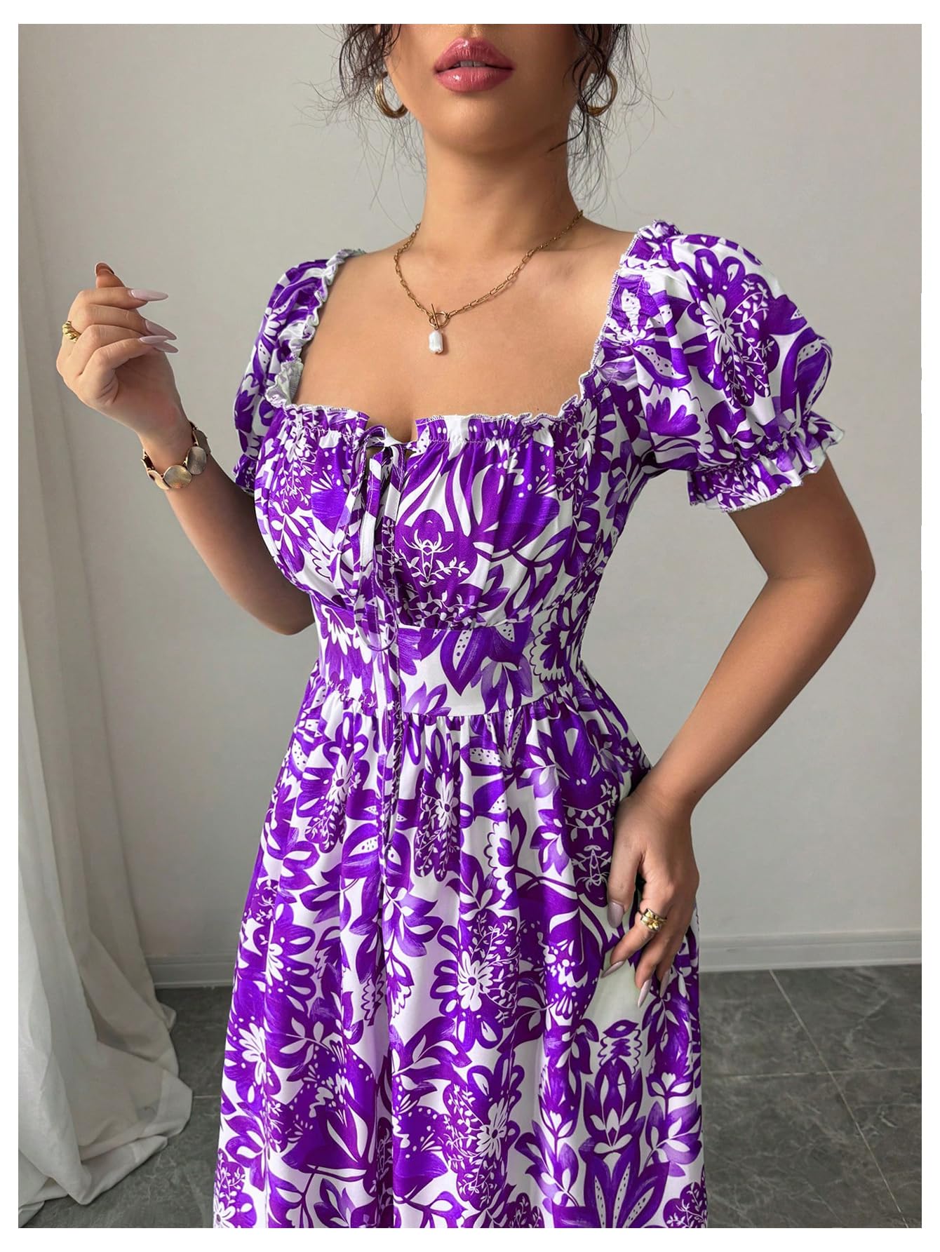 Floerns Women's Floral Short Puff Sleeve Milkmaid Dress Boho A Line Long Dresses