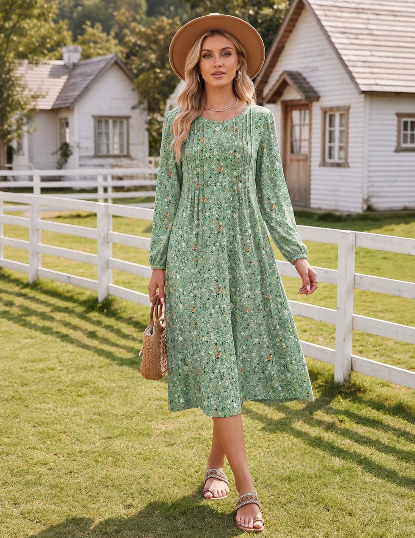 Zeagoo Fall Dresses for Women Long Sleeve Midi Dress Casual A Line Dresses 2026 Pleated Flare Dress with Pockets