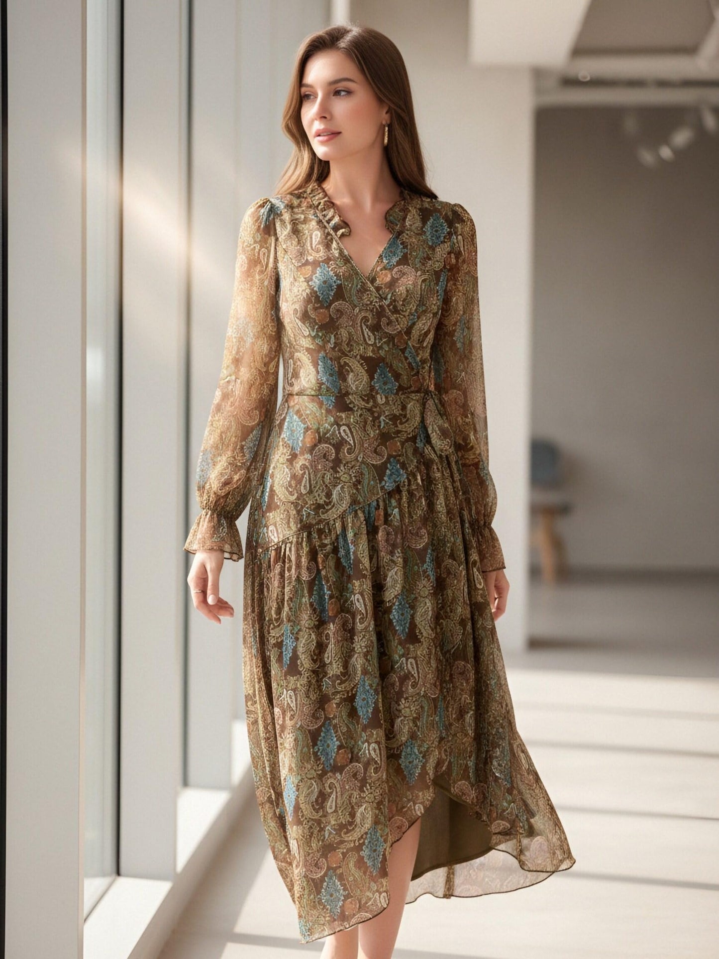 Women's Bohemian Floral Print Tie-Waist Wrap Midi Dress - Long Sleeve V-Neck Asymmetrical Hem Flowy Chiffon Dress