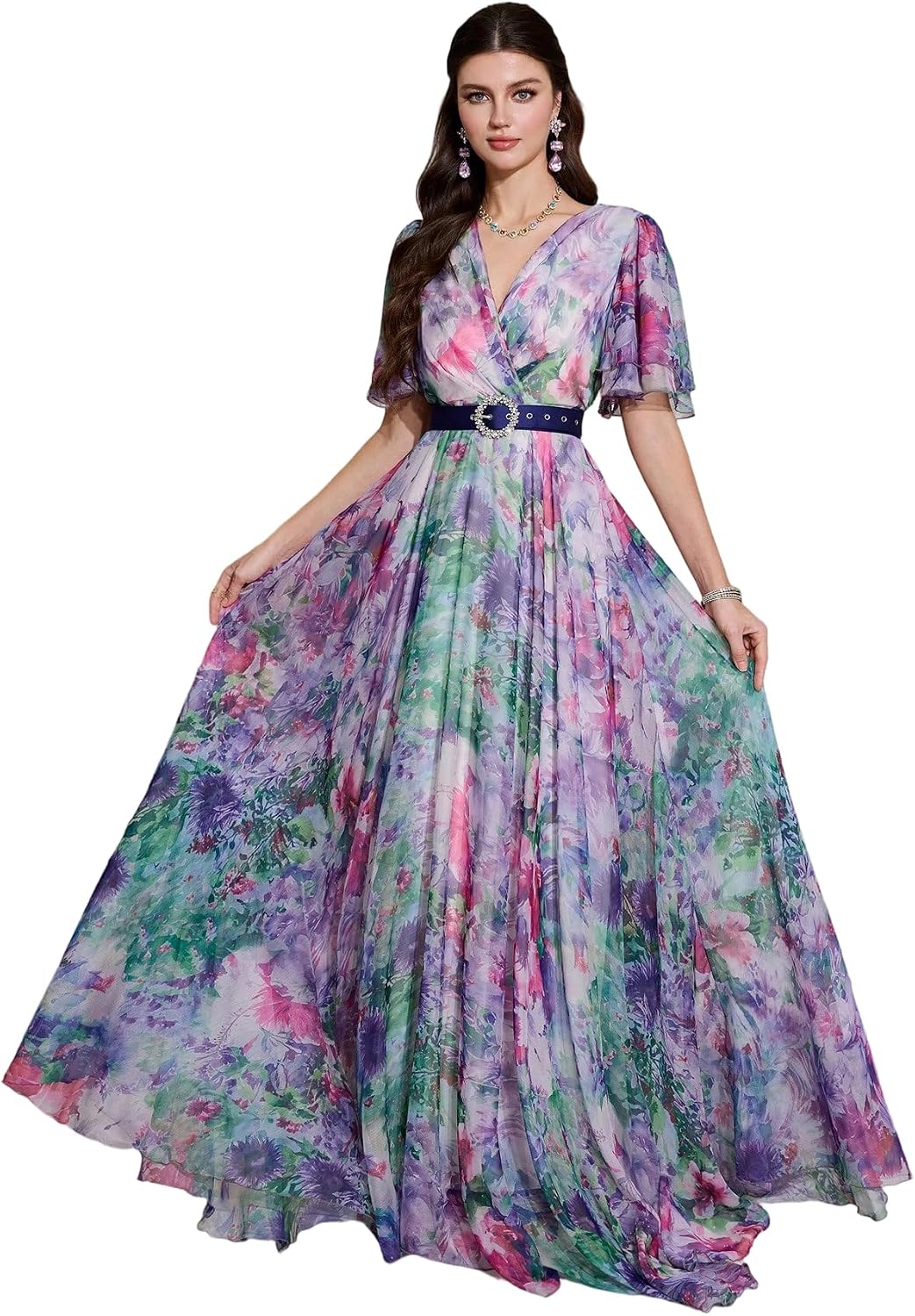 TOLEEN Summer Casual Dresses for Women 2024 Spring Fashion Boho V Neck Long Sleeve Ruffle Floral Print Elegant Maxi Dress