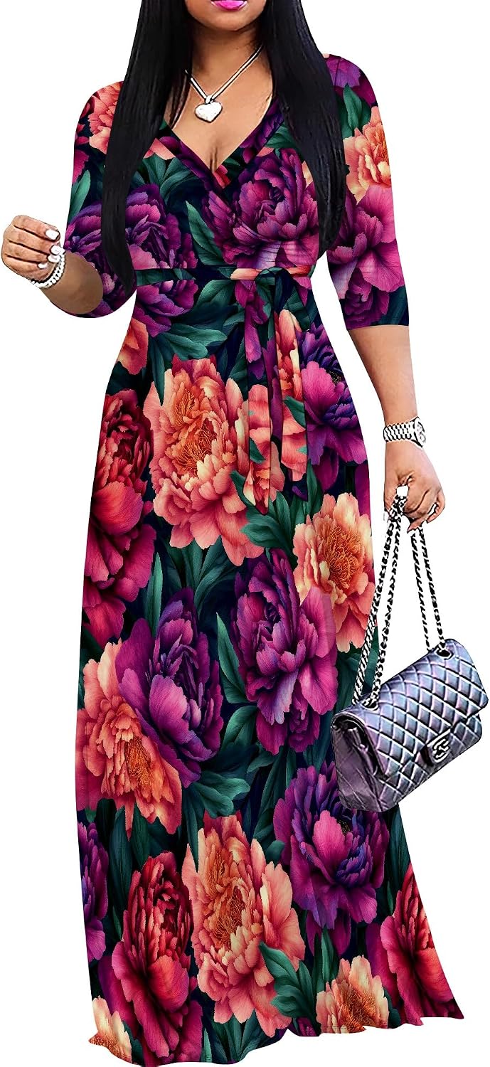 SUZONANA Plus Size Dresses for Women Floral Print Maxi Dress Flowy 3/4 Sleeve with Belt
