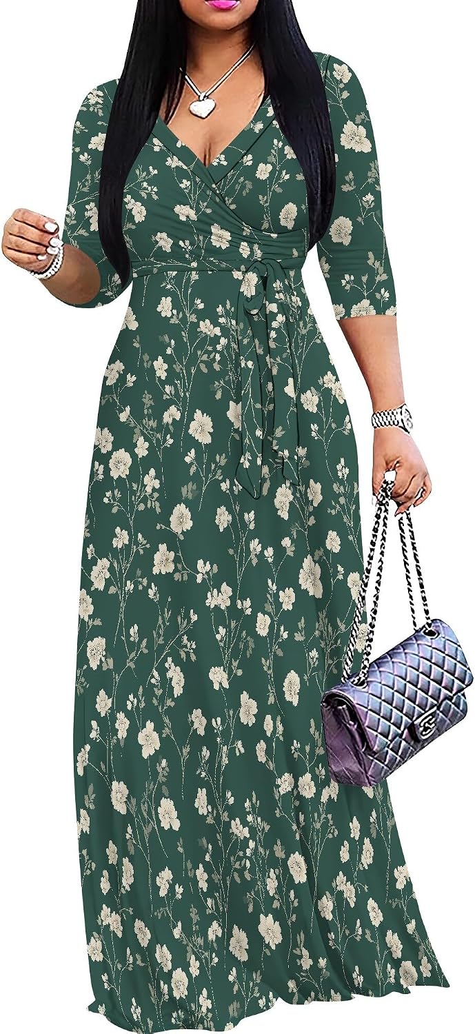 SUZONANA Plus Size Dresses for Women Floral Print Maxi Dress Flowy 3/4 Sleeve with Belt