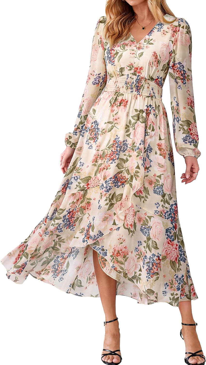 Simplee Women's Floral Boho Long Sleeve Maxi Fall Wedding Guest Dress 2026