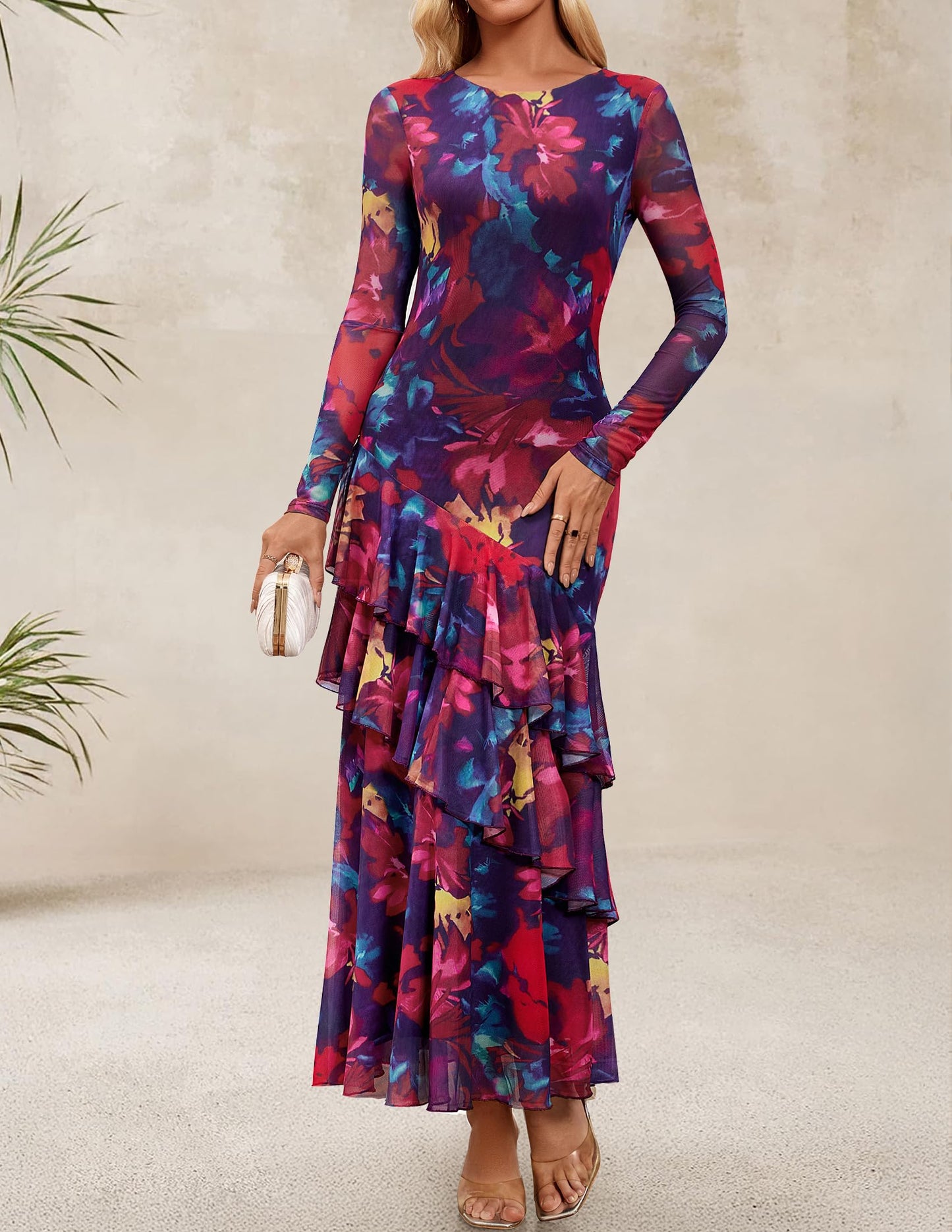 ZESICA Women's Fall Floral Bodycon Maxi Wedding Guest Dresses