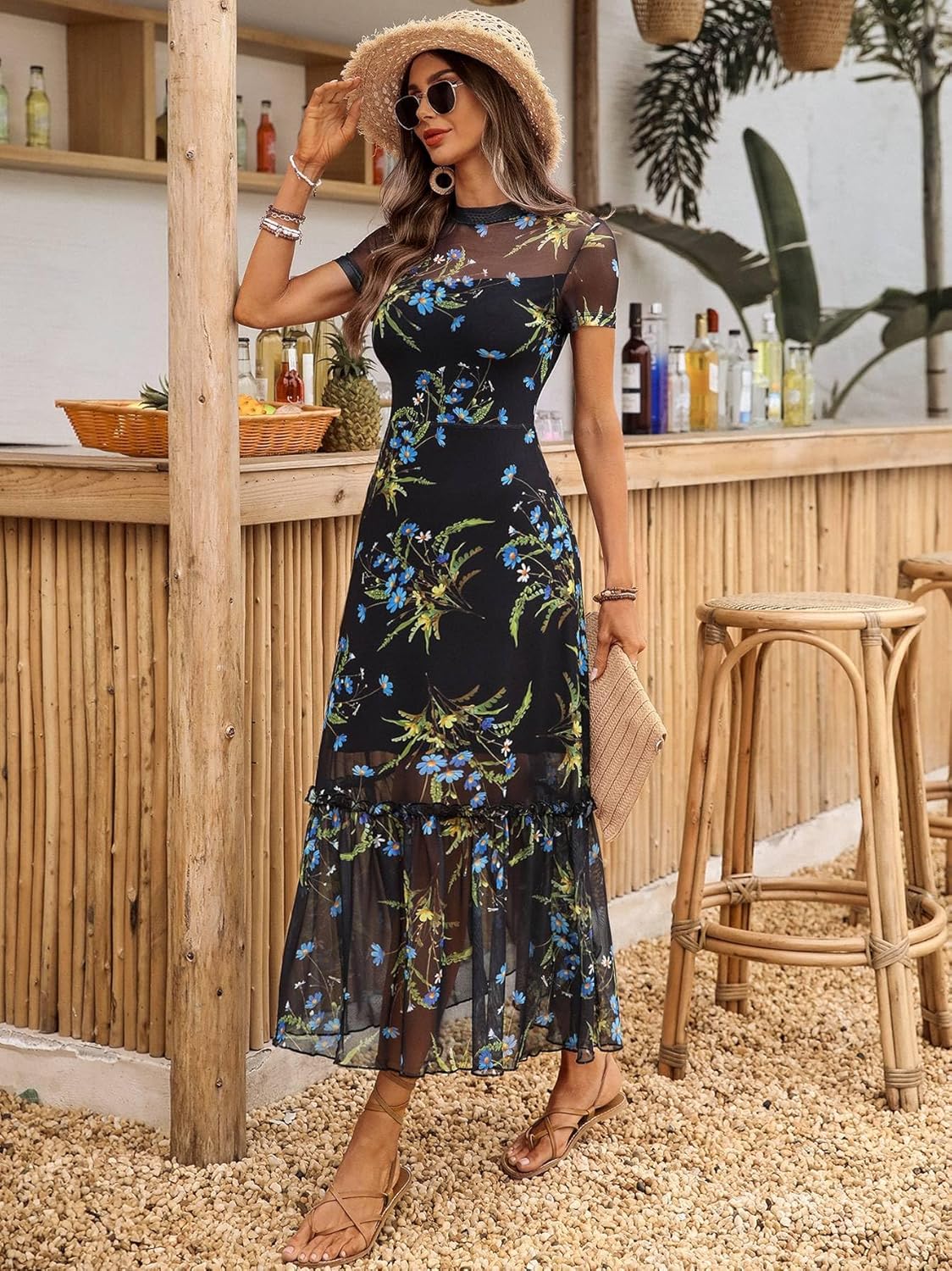 GothDark Women's Summer Floral Mesh Ruffle Dress Short Sleeve Round Neck Waist Cinched Casual Maxi Wedding Guest Dresses