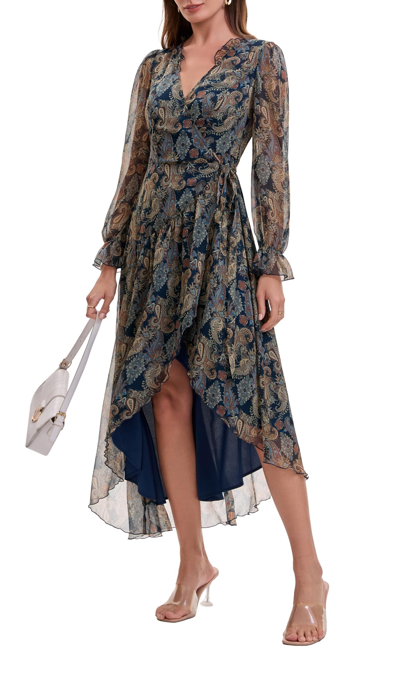 Women's Bohemian Floral Print Tie-Waist Wrap Midi Dress - Long Sleeve V-Neck Asymmetrical Hem Flowy Chiffon Dress