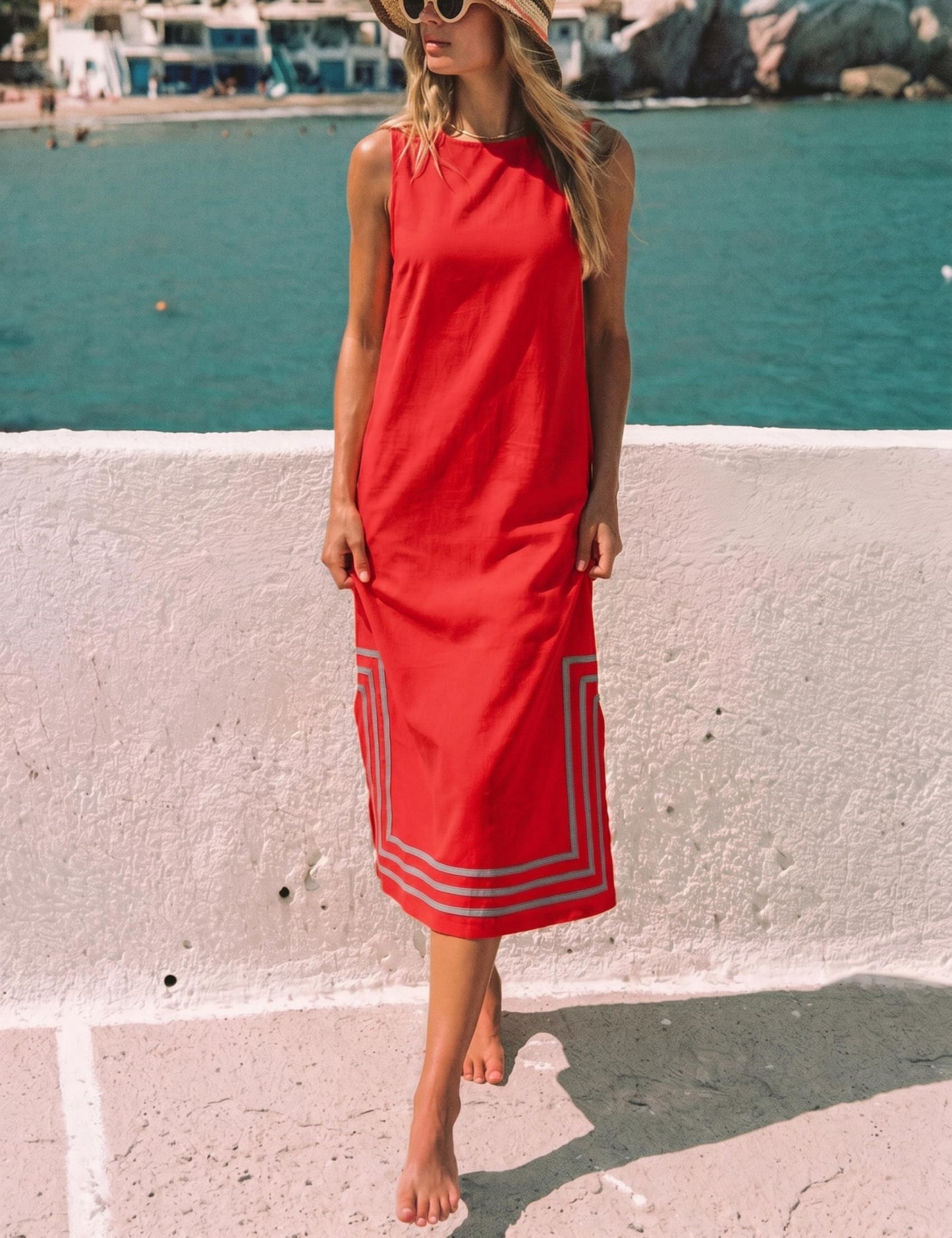 Womens Boho Linen Maxi Dress Sleeveless Split Sundress Color Block A-Line Coverups Beach Vacation Dress with Pockets