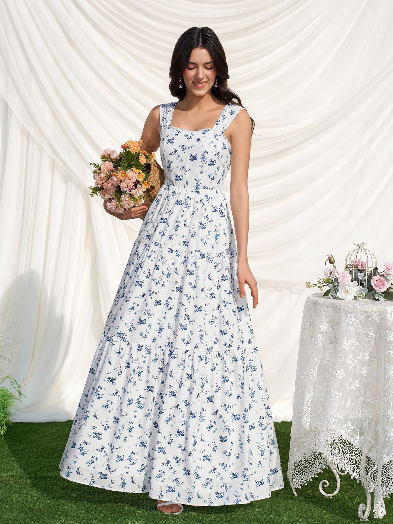 KUTUMAI Floral Maxi Long Dress Lace Up Square Neck Flowy Summer Wedding Guest Dresses for Women 2026