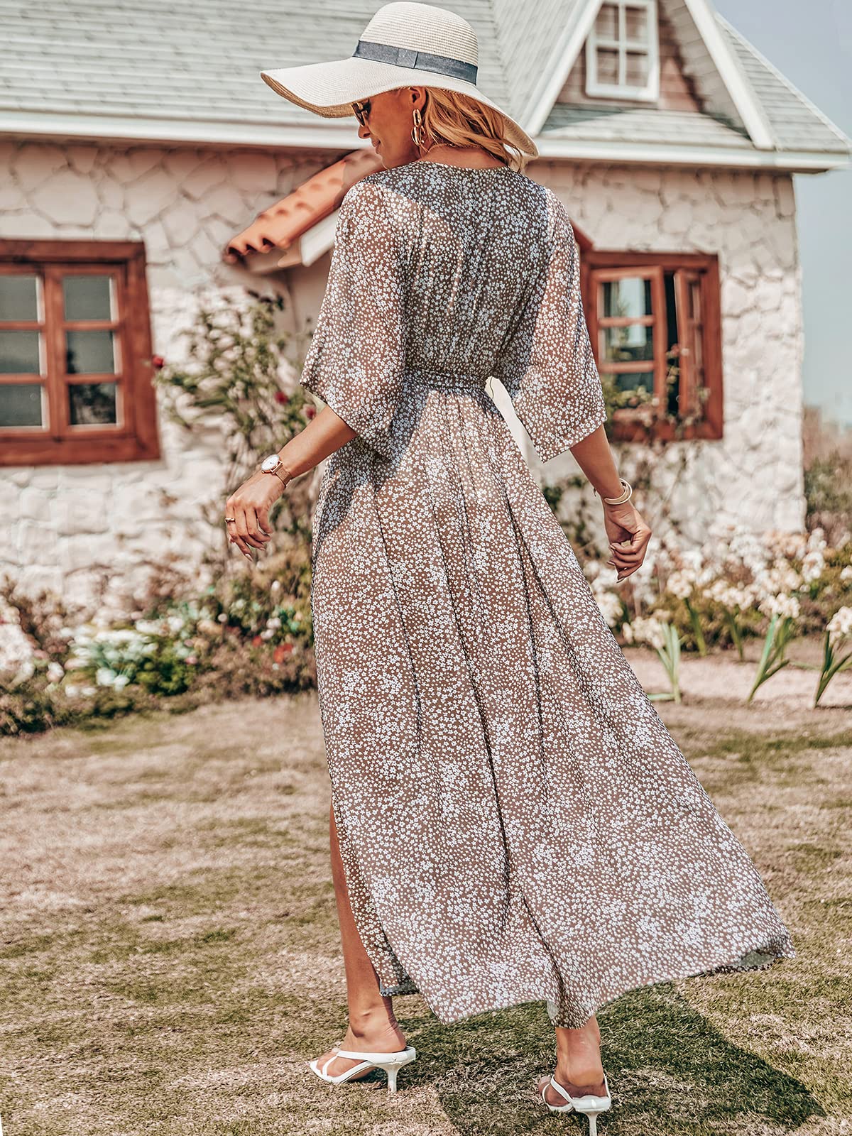 ANRABESS Womens 1/2 Sleeve Beach Wedding Guest Maxi Dresses 2026 Summer Wrap V Neck Boho Floral Flowy Slit Long Dresses