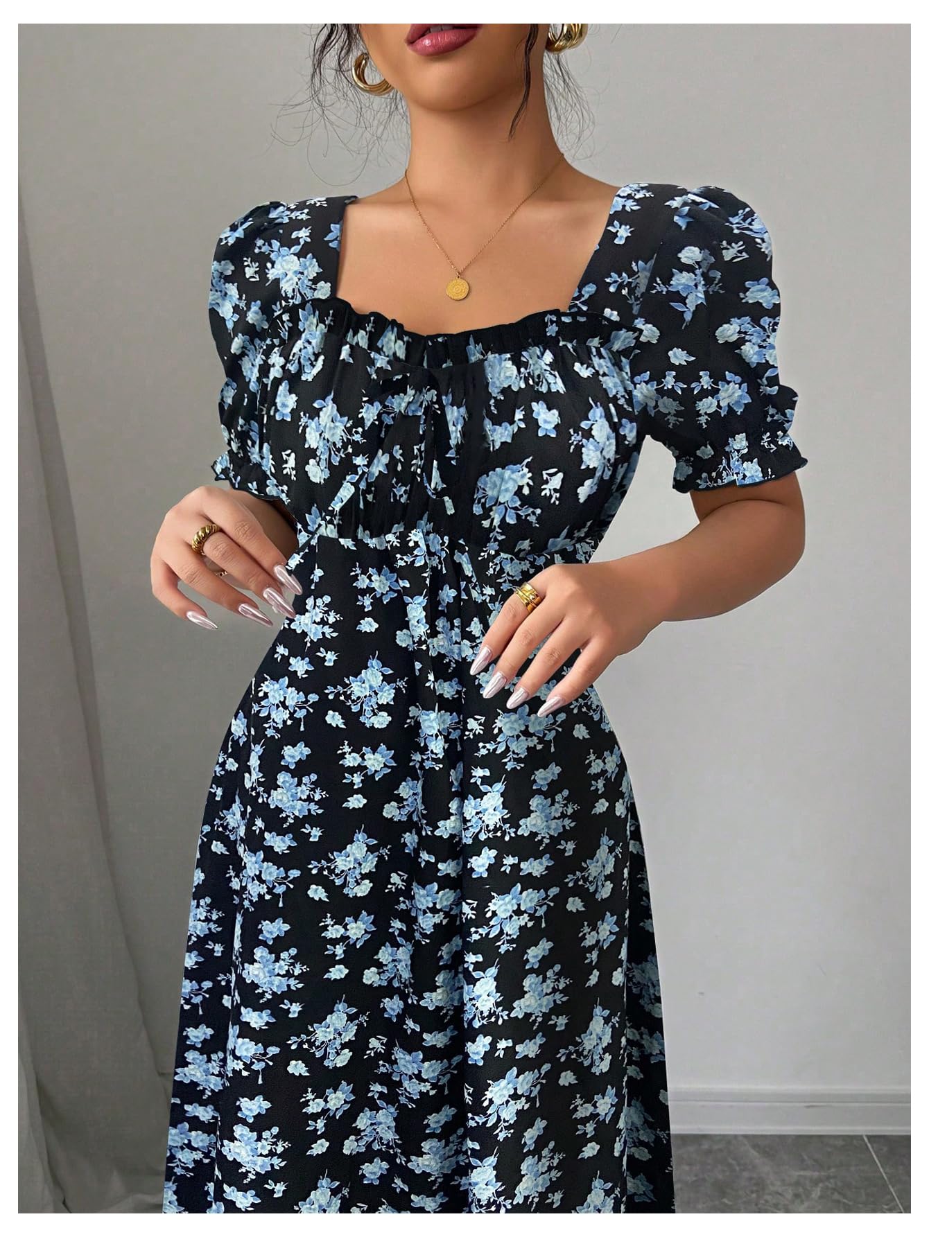 Floerns Women's Floral Short Puff Sleeve Milkmaid Dress Boho A Line Long Dresses